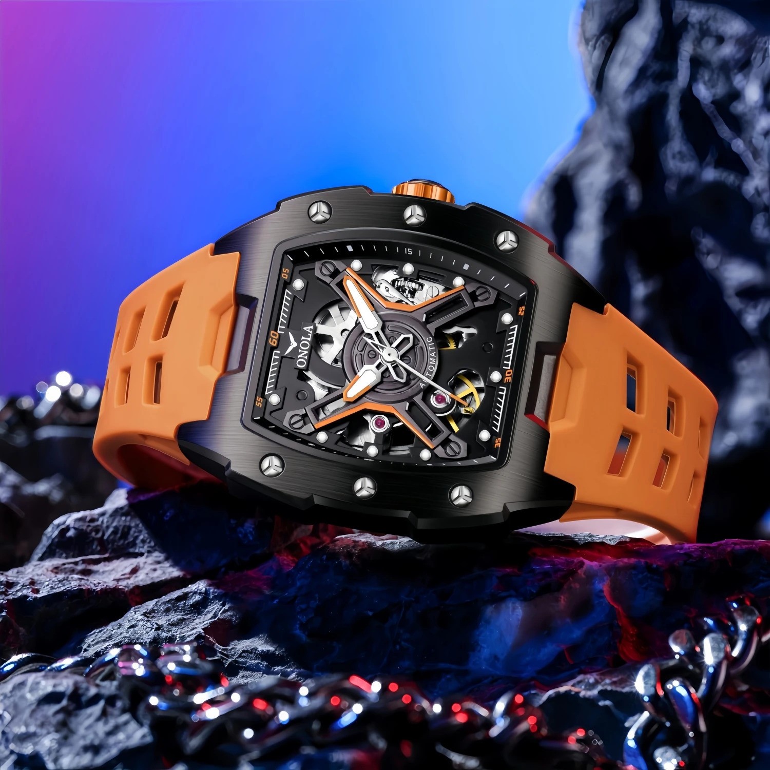 ONOLA Automatic Mechanical Mens Watch With A Silicone Strap And Water Resistance