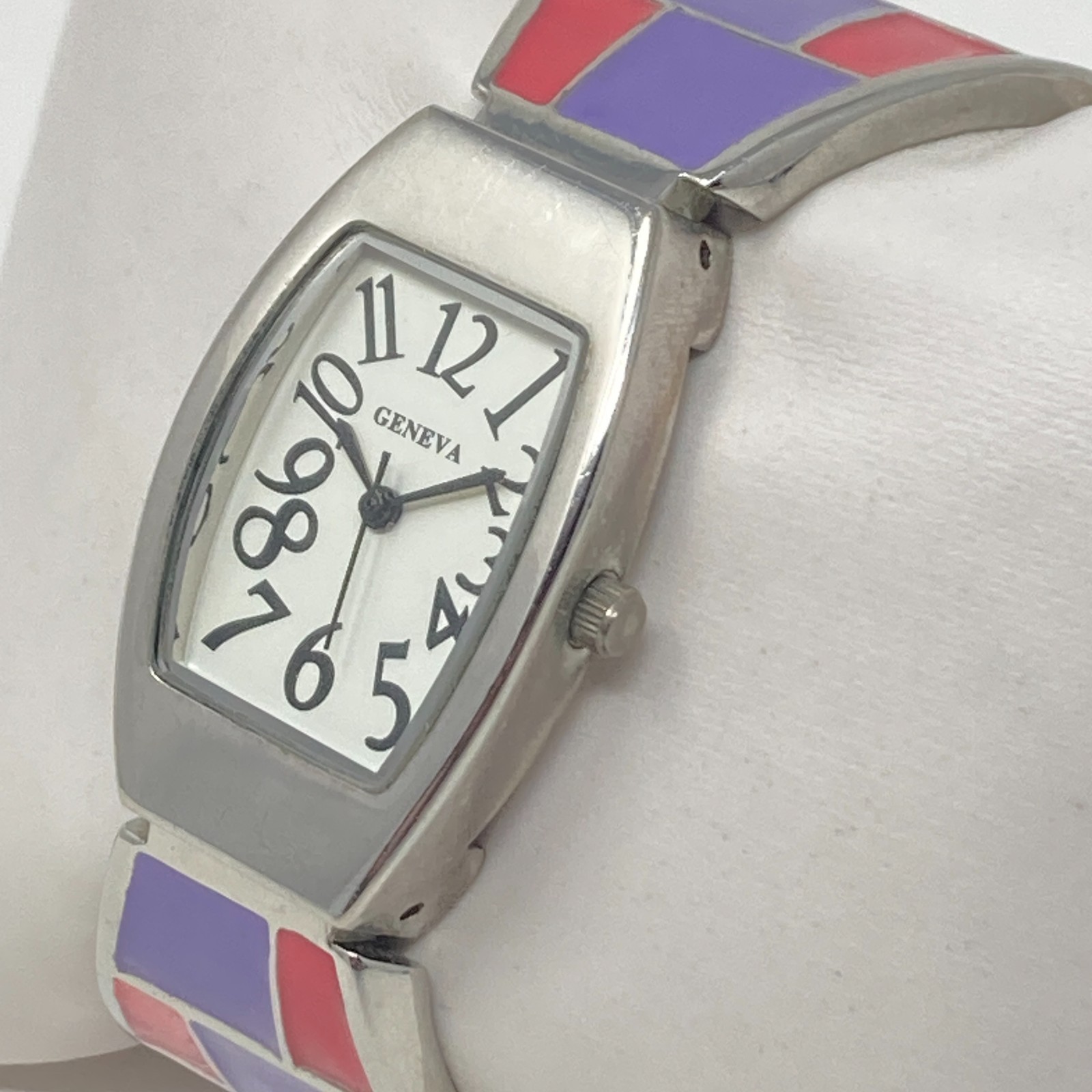 Vintage Geneva Women’s Watch Silver Tone Cuff Pink Purple New Battery SMALL 6″