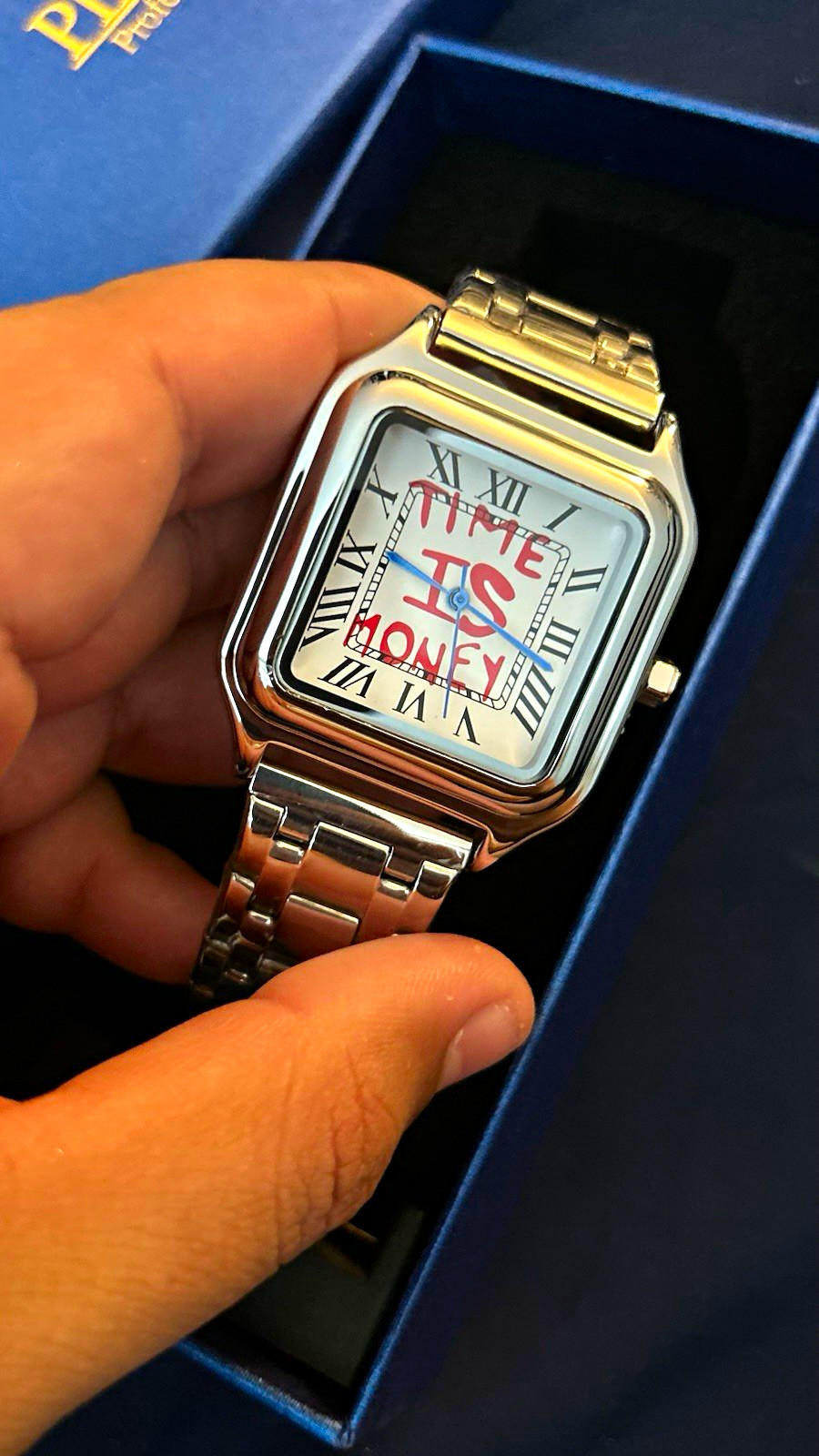 Square Analog Dress Watch Roman Numerals Silver-Tone Metal Bracelet White/Red