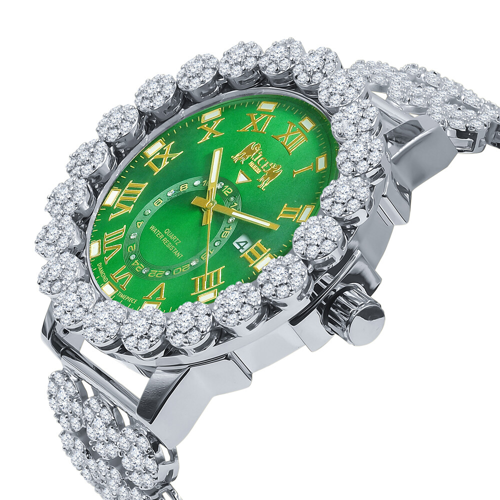 Green Emerald White Gold Tone Finish Real Diamond Flower Custom Band Bezel Watch