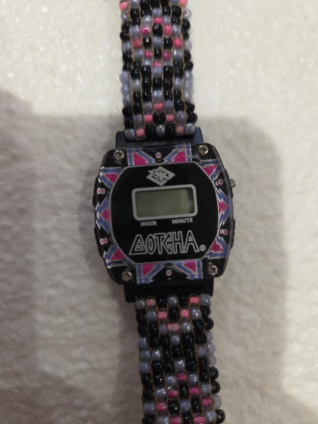 Vtg GOTCHA SURF Skate DIgital Watch 80s Orig Neon Pink/Purple Beaded Band
