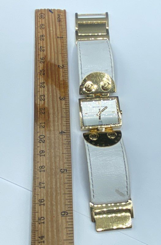 Michael Kors MK-4053 Women’s Gold Tone Square Watch White Leather Band 7″