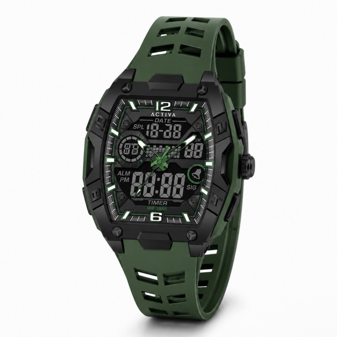 Activa ACW8 Sport Men’s Quartz Analog-Digital Alarm Timer Green Strap Box