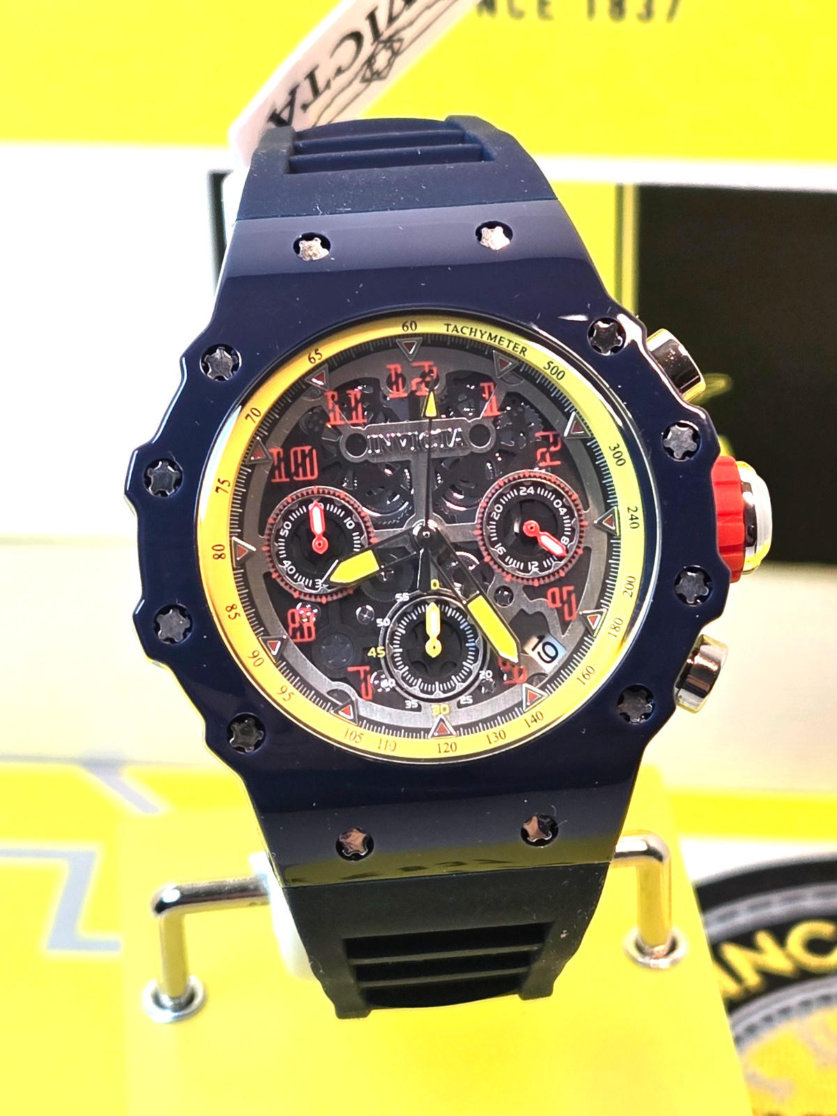 Invicta Racing Valyron Dark Blue/Yellow/Red 41mm Unisex Watch w/ Black Dial NEW