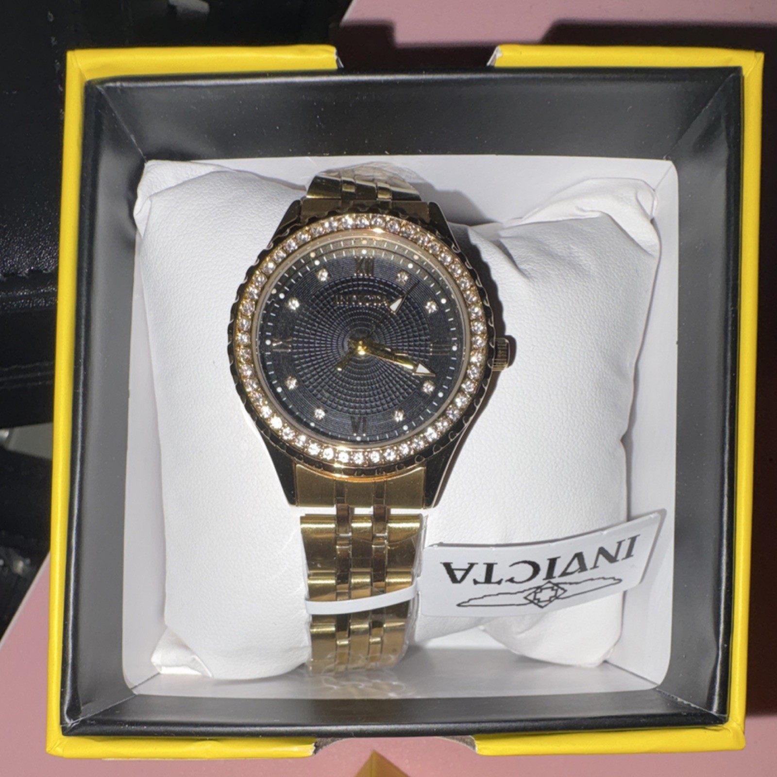 Invicta Gold-Tone Stainless Steel Wristwatch Gemstone Markers Black Dial in Box