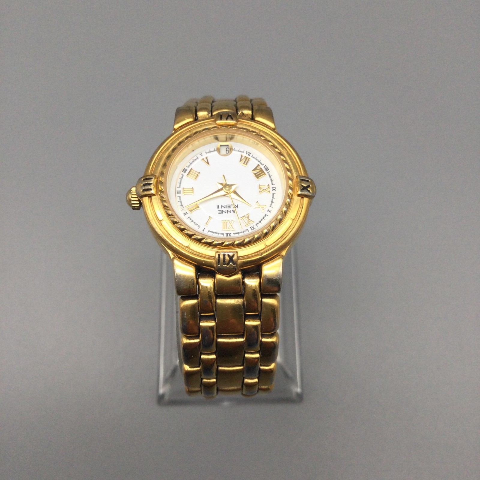 Vintage Anne Klein II 101744-7 Women Watch 25mm Gold Tone Date New Battery 6.5″