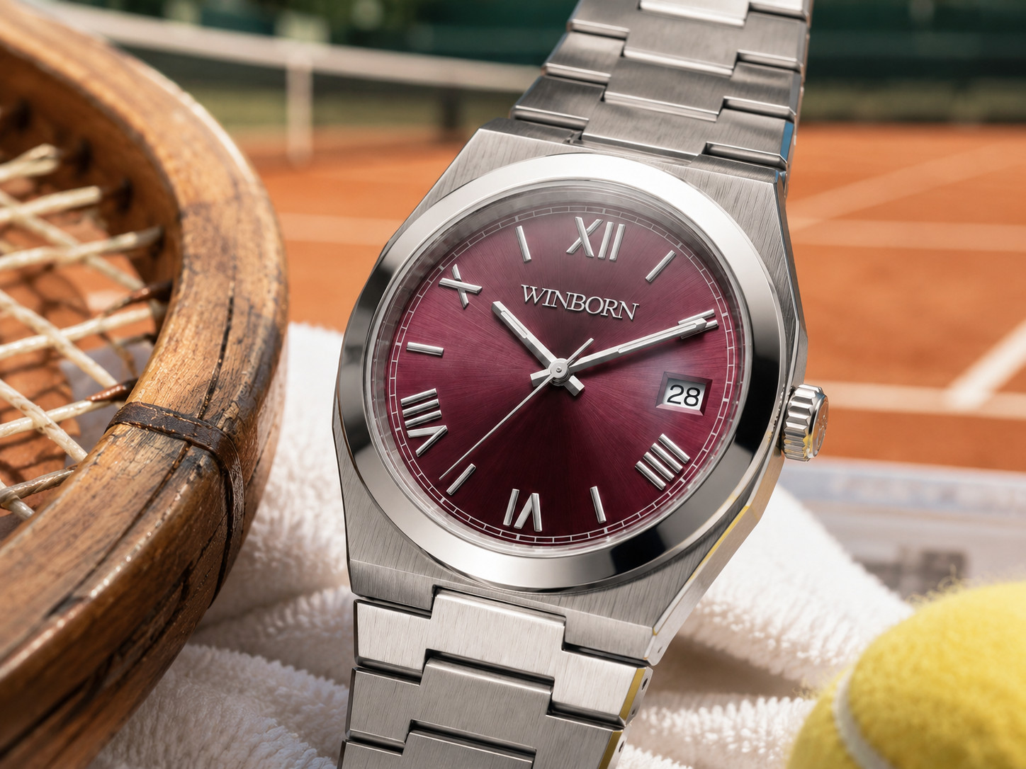 Winborn Burgundy Dial Automatic Watch Roman Numerals Steel Bracelet Date