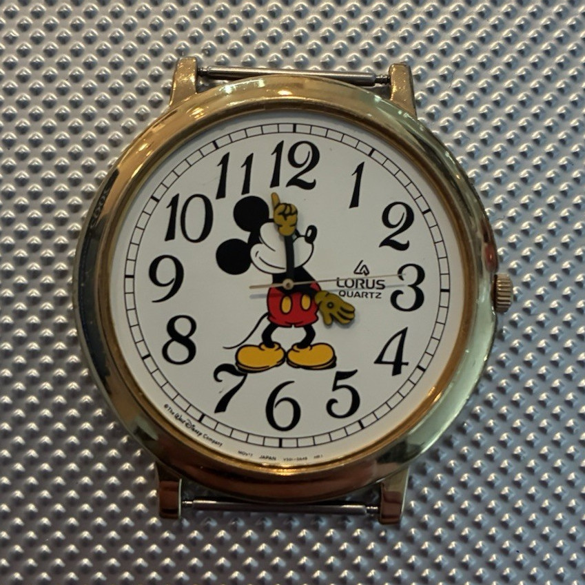 Lorus Disney Mickey Mouse Quartz Analog White Dial Gold Case Black Leather