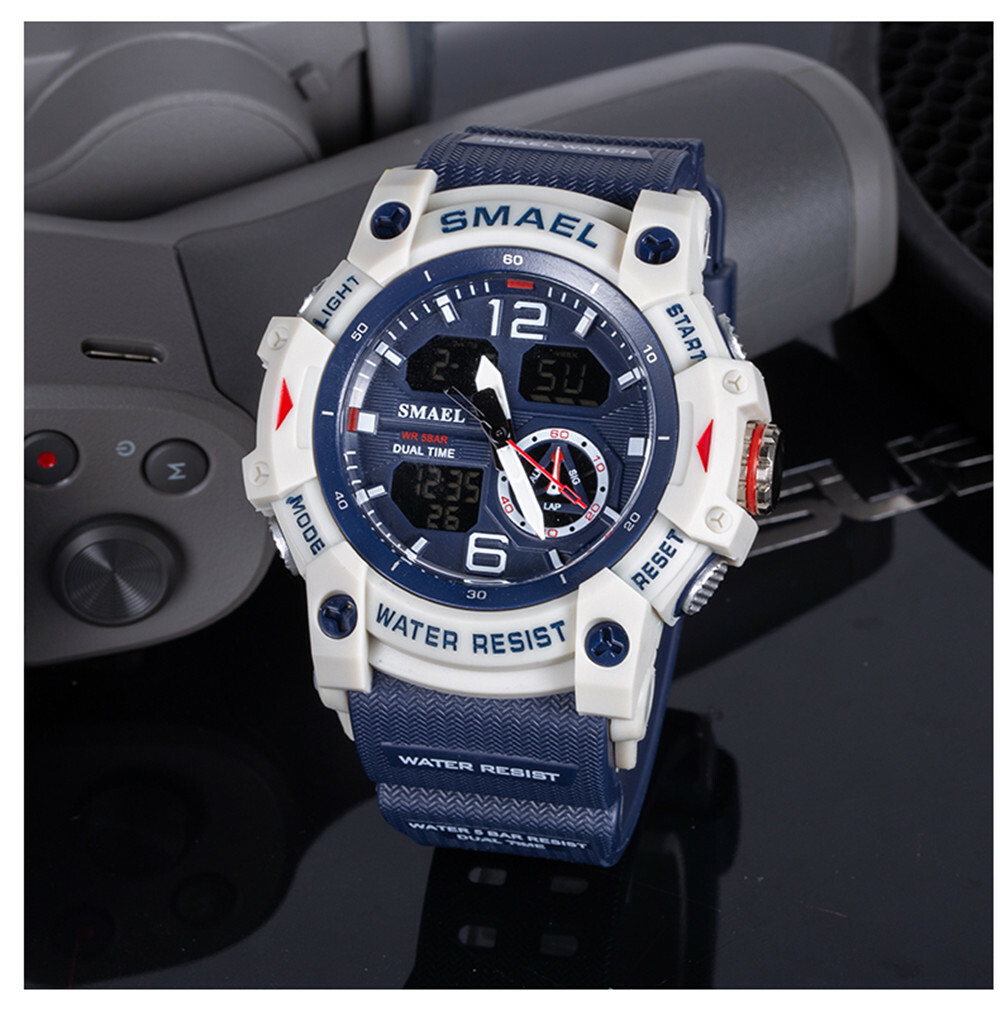 SMAEL Men Sport Watch Dual Display Wristwatch Transparent white Strap Stopwatch