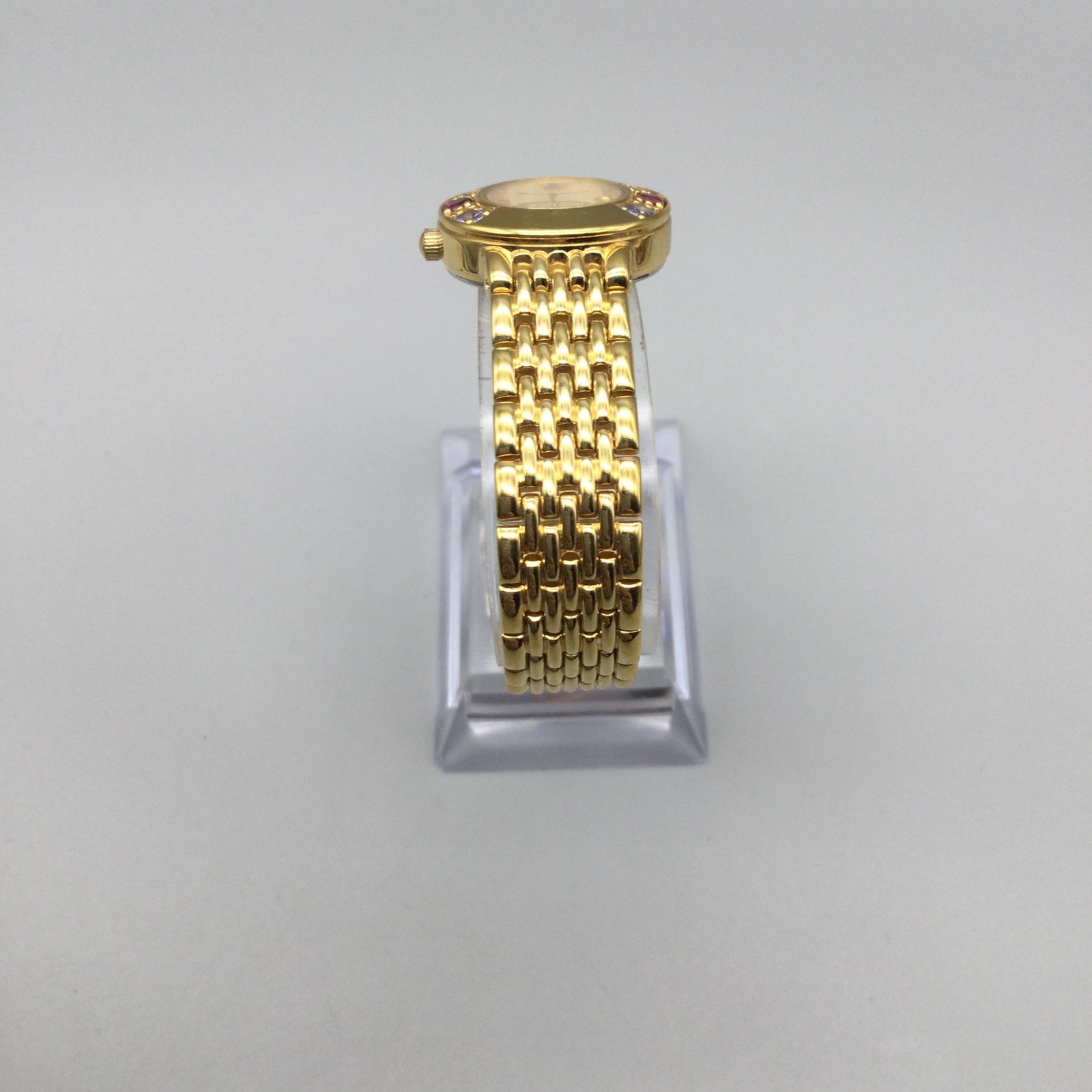 Jules Jurgensen Womens Watch 22mm Gold Tone Red Gemstones New Battery 6.75″