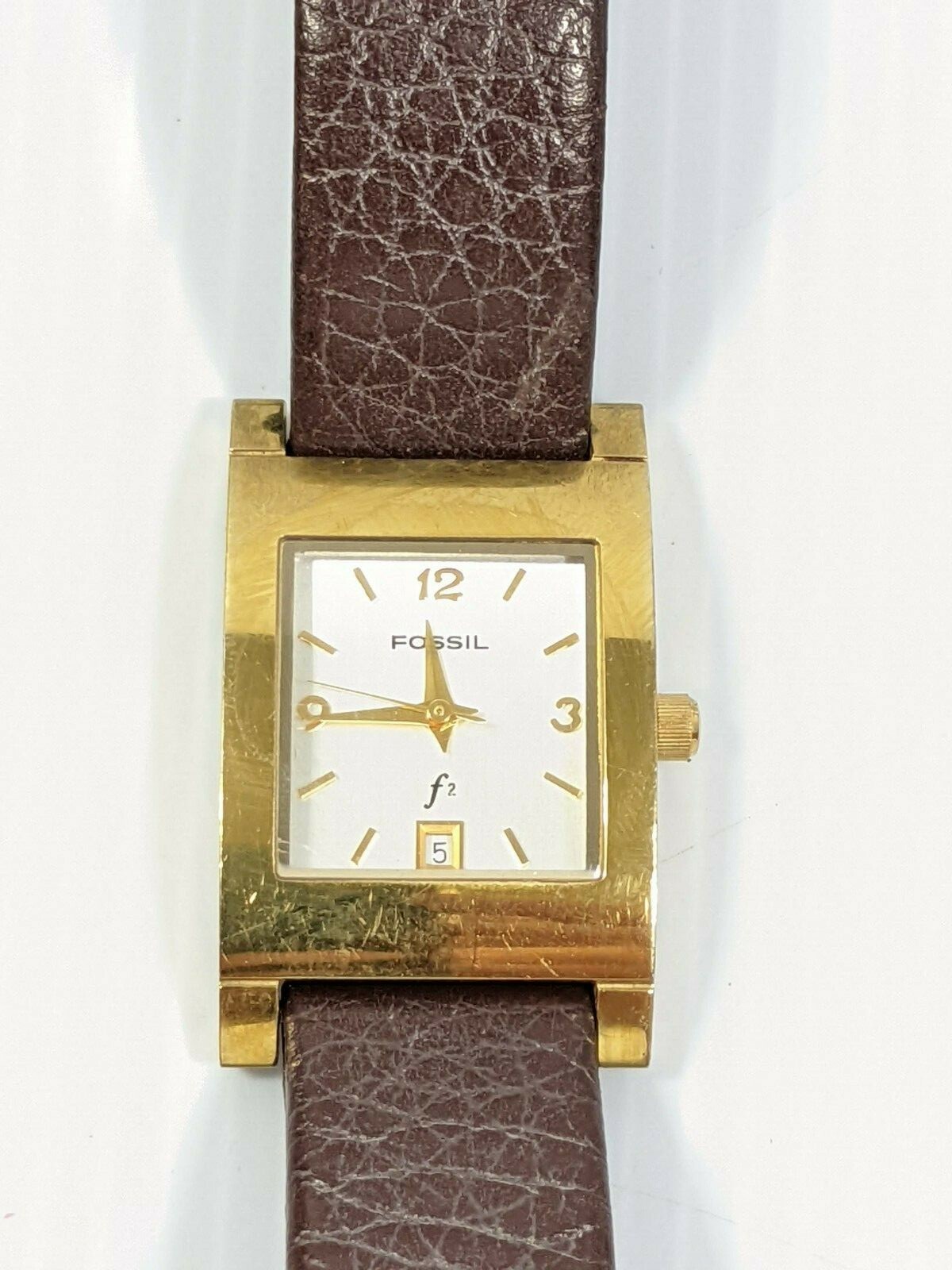 Fossil F2 Gold Tone Brown Leather Rectangle Watch Date Indicator