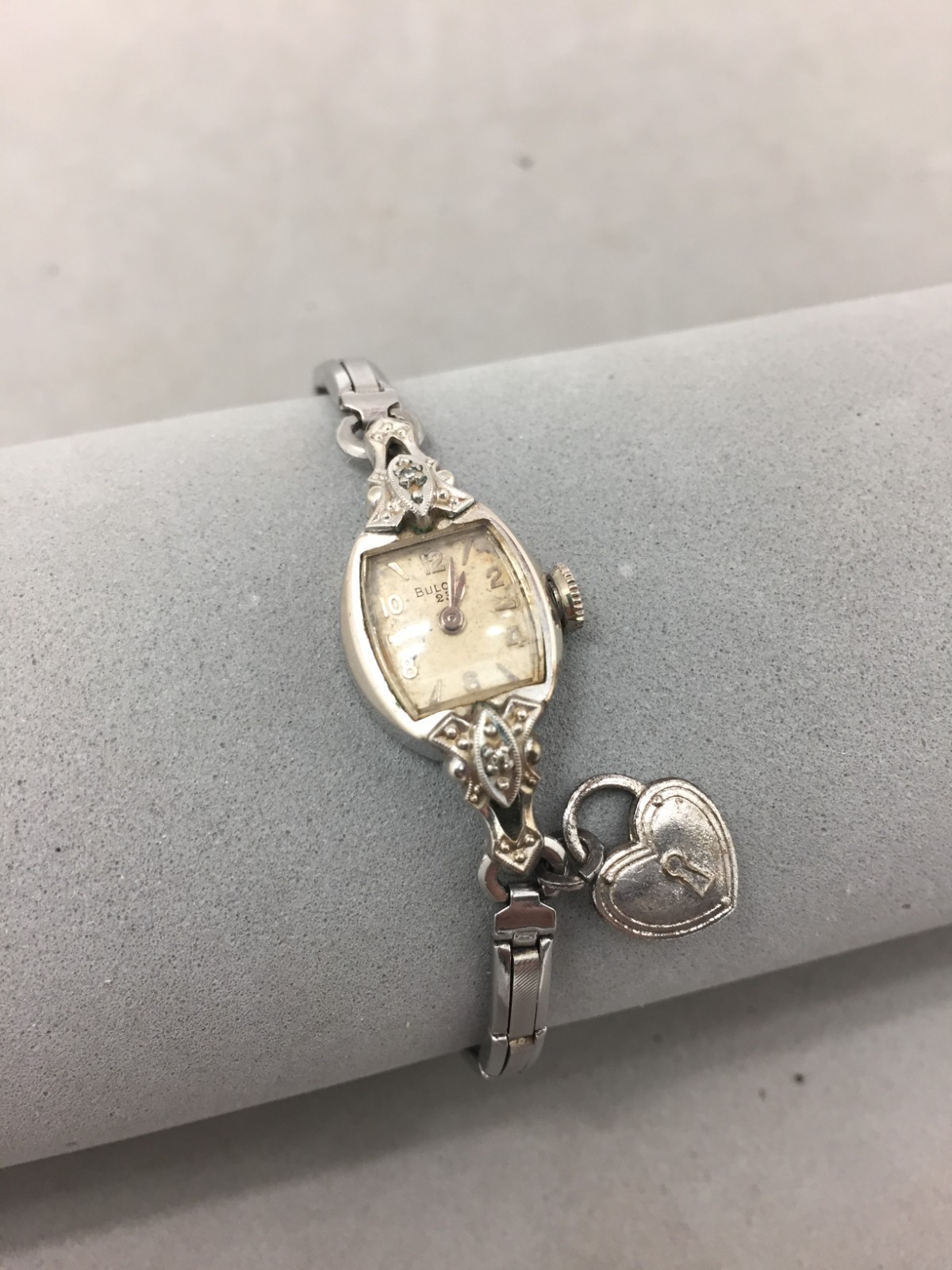Bulova Woman White 10k Rolled Gold Plate Watch 2 Diamond Art Deco Runs Expansion