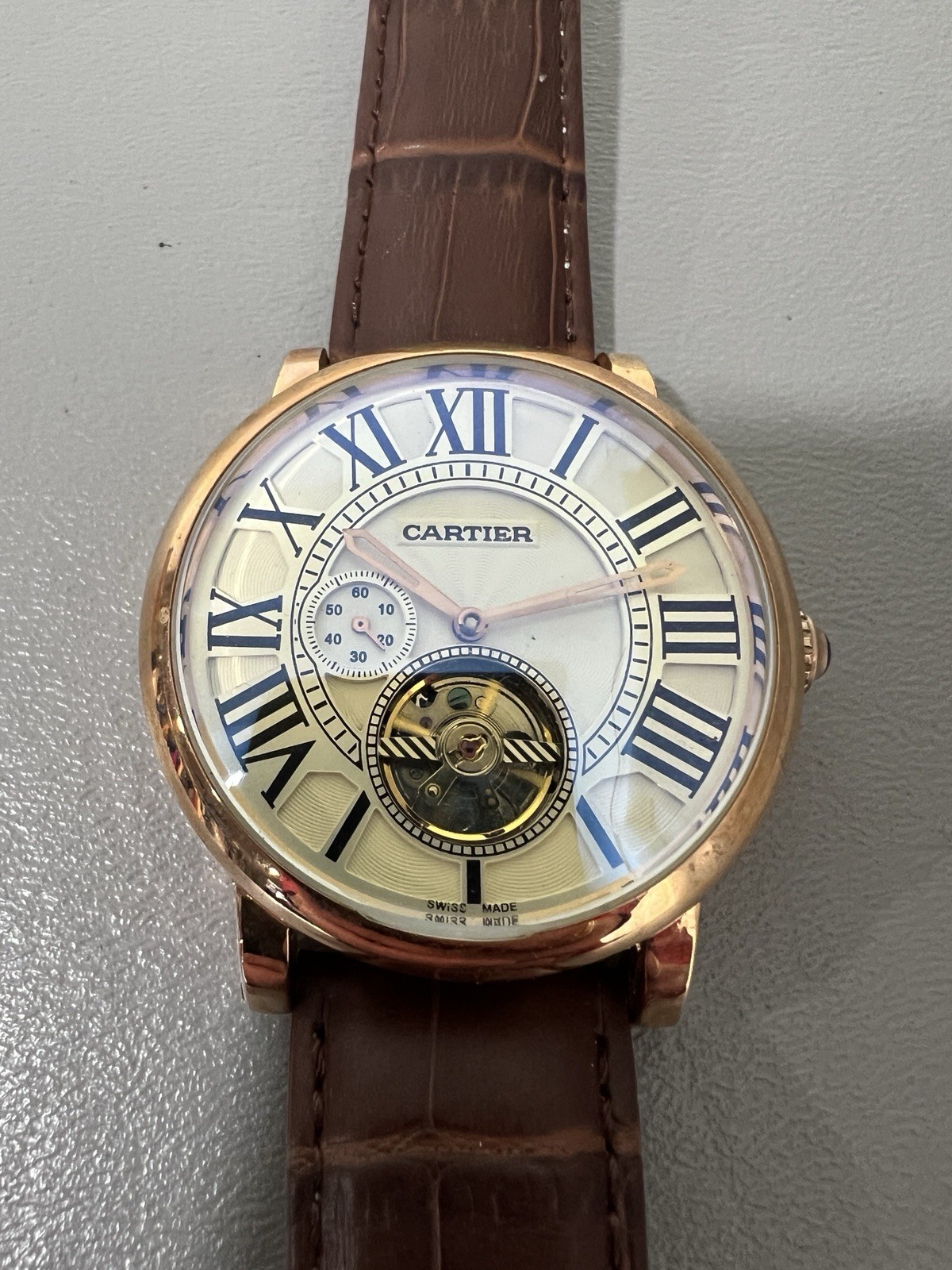 Cartier Mens Automatic Business Casual Watch Brown Leather Strap Rose Gold
