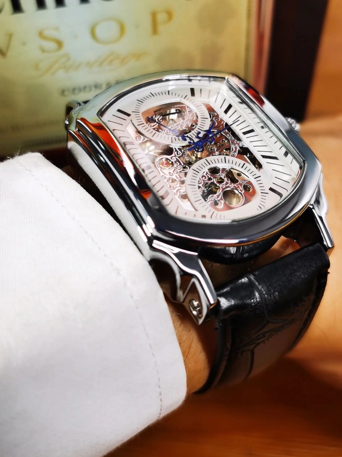 Luxury Mechanical Skeleton Watch Men Blue Hands Automatic Leather Strap Gift