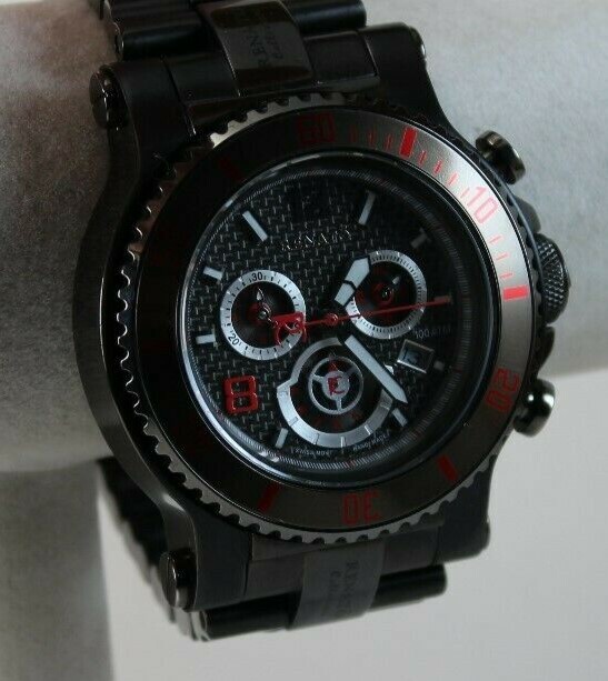 Renato Men’s T-Rex Diver Watch, Swiss Ronda 5130.D, Blk CF w/ Red Accents Blk IP
