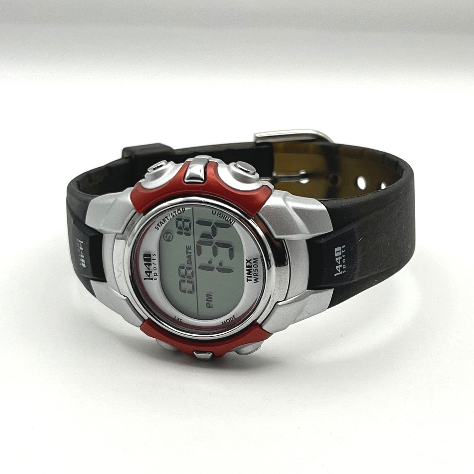 Timex 1440 Sports Digital Watch Silver Red Black Resin Strap WR 50M Indiglo