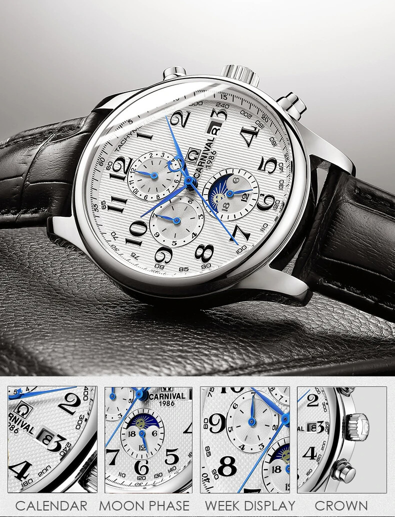 Carnival Men’s Watches Classic Mechanical Self-wind Automatic Date Moon Phase