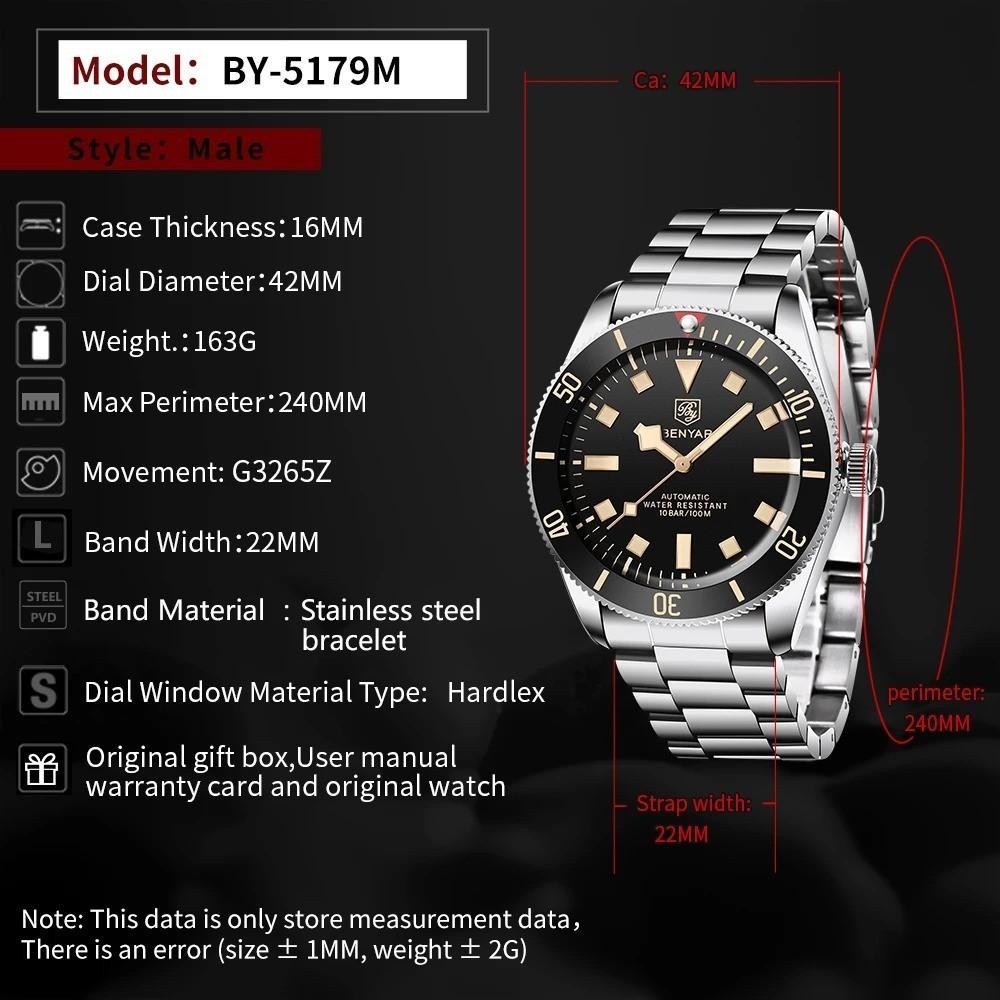 40MM BENYAR Automatic Men’s Watch 100M Waterproof Stainless Steel Luminous NEW