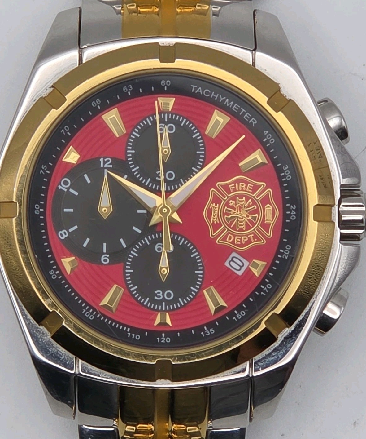 Bradford Exchange My Firefighter 43mm Red Gold Silver Date SS Japan Quartz Watch