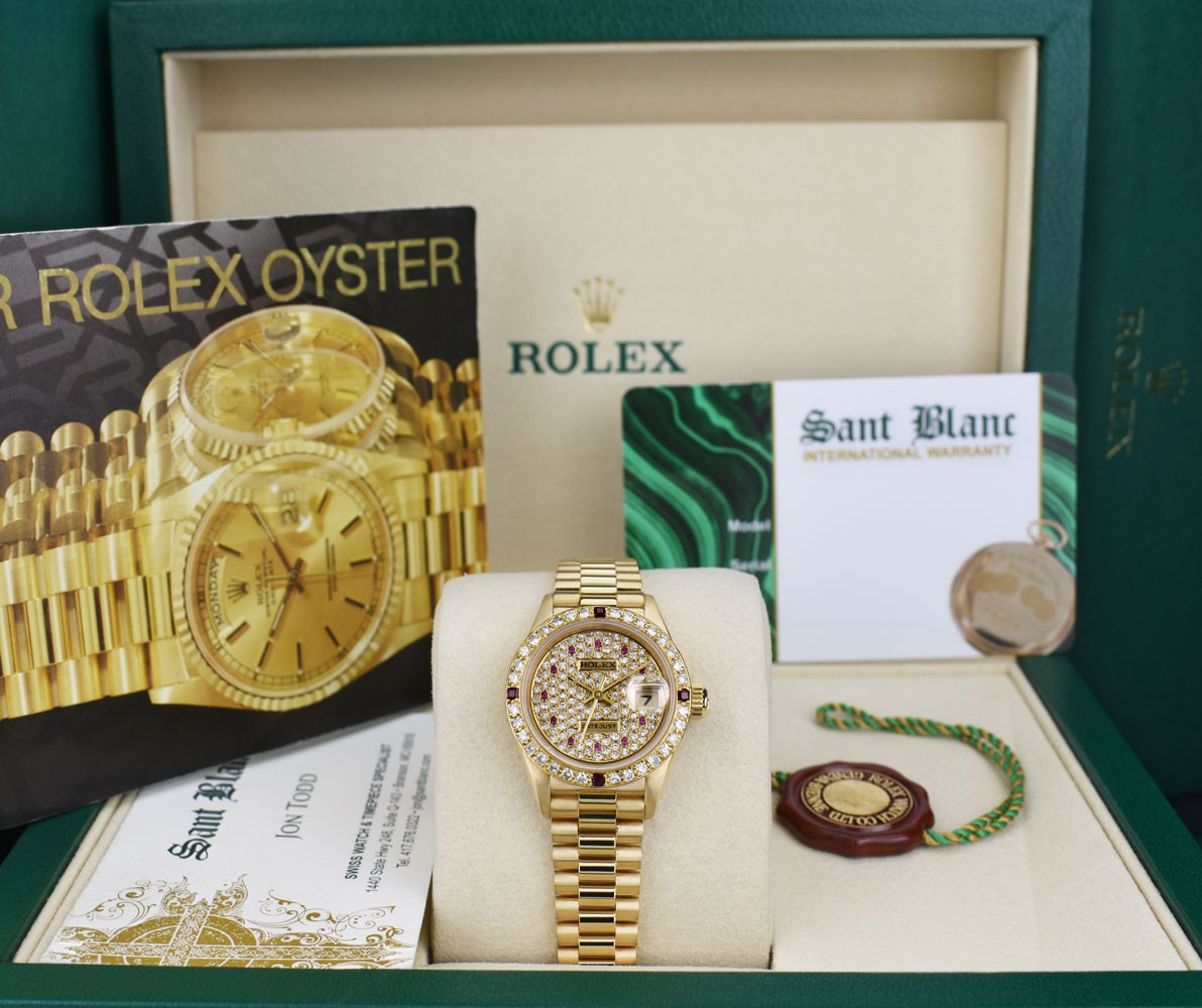 ROLEX Ladies 18kt Gold President *Cstm Diamond Bezel *Pave Dial 69178 SANT BLANC