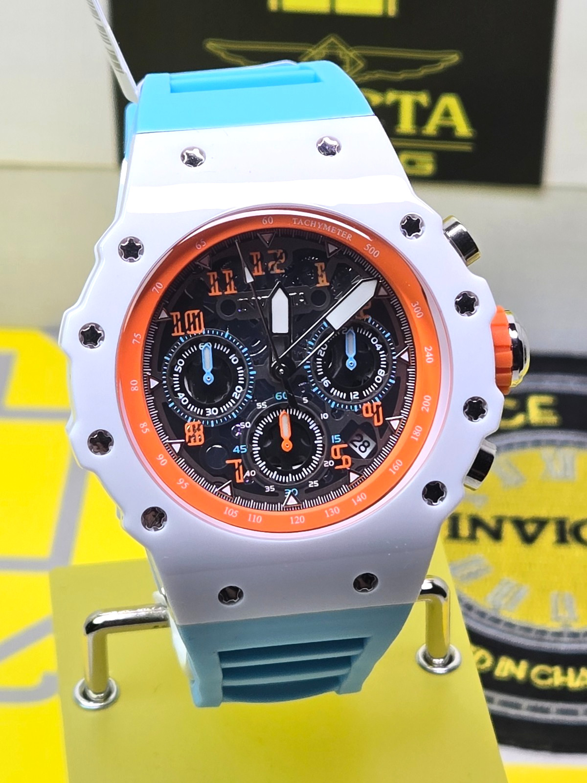 Invicta Racing Vaulthan Men’s Watch – 44mm, Light Blue & White and Orange NEW!