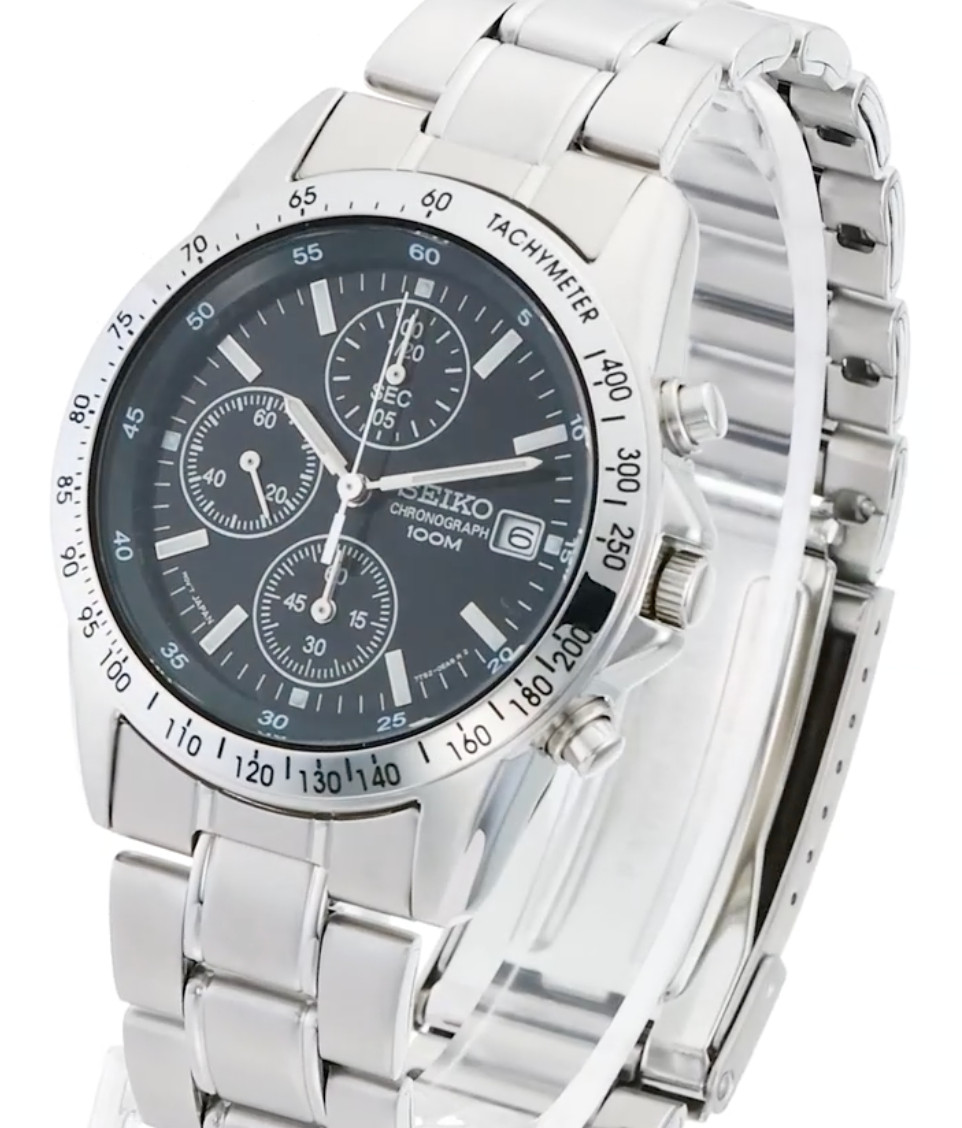 Seiko SND367PC Men’s Quartz Chronograph Black Dial Silver Watch　Fr/s