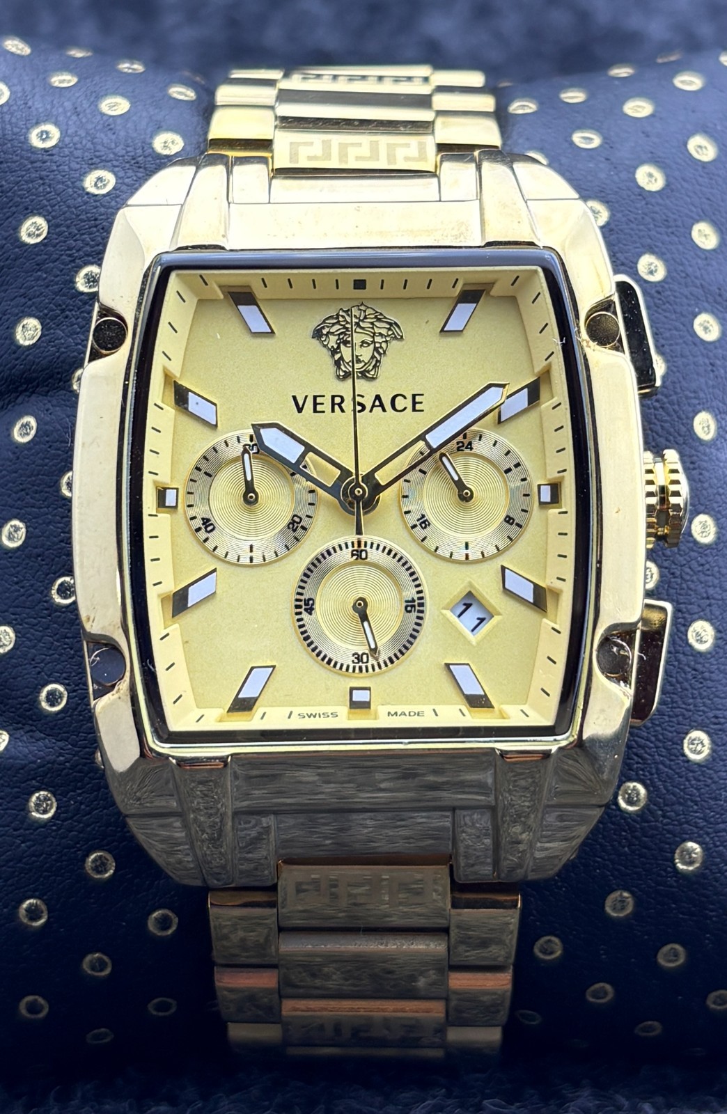 Vintage Versace Dominus Chrono Quartz Gold Dial Gold Plated Wristwatch.
