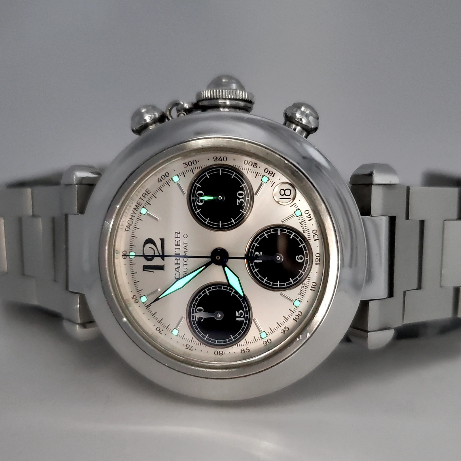 Cartier Pasha C 36mm Silver Panda Dial Chronograph Steel 2412 W31048M7 Watch