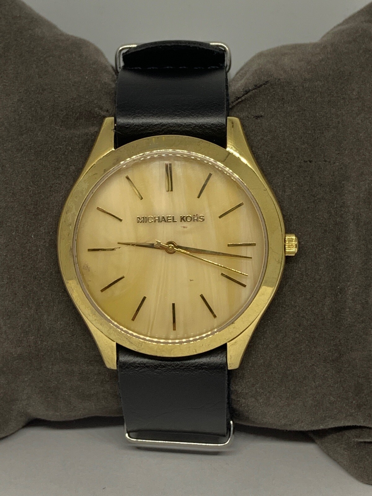 Michael Kors MK4285 Women’s Black Leather Analog Gold Dial Quartz Watch GE256