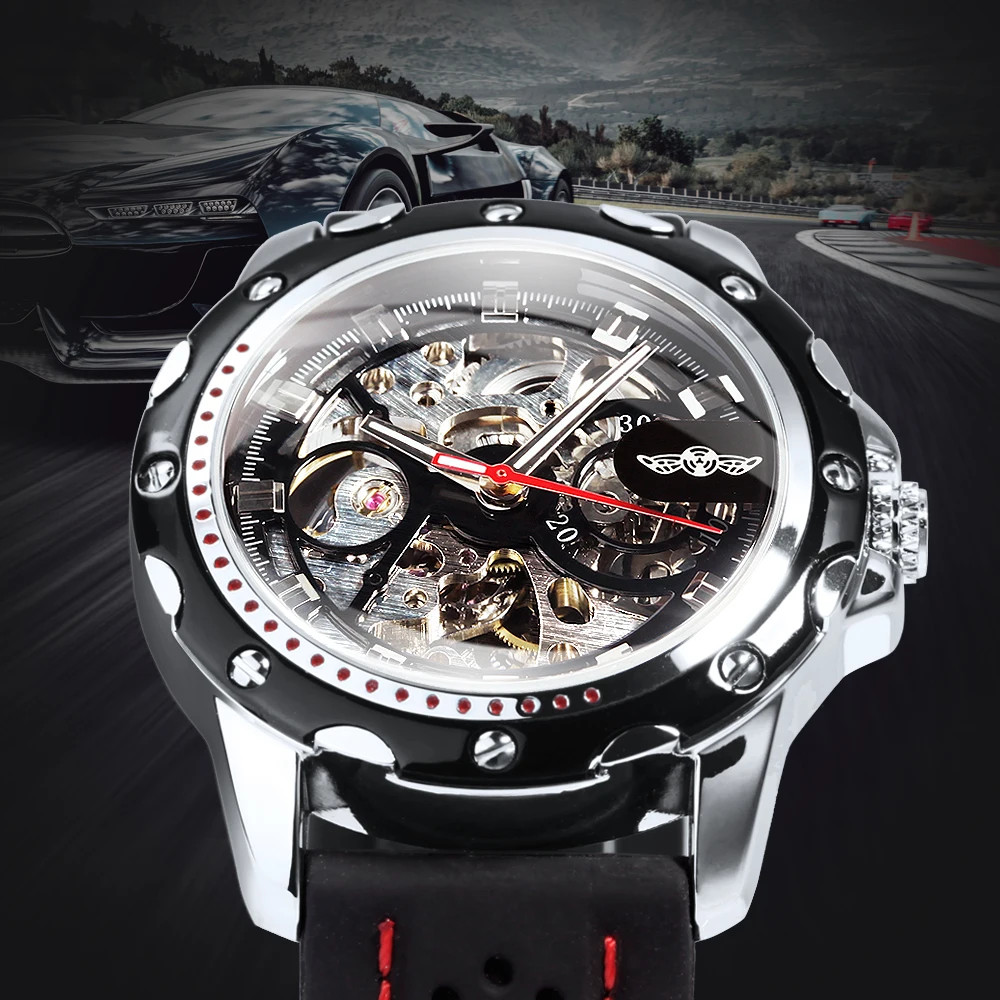 Automatic Skeleton Watch Men Mechanical Self Wind Black Rubber Strap WINNER