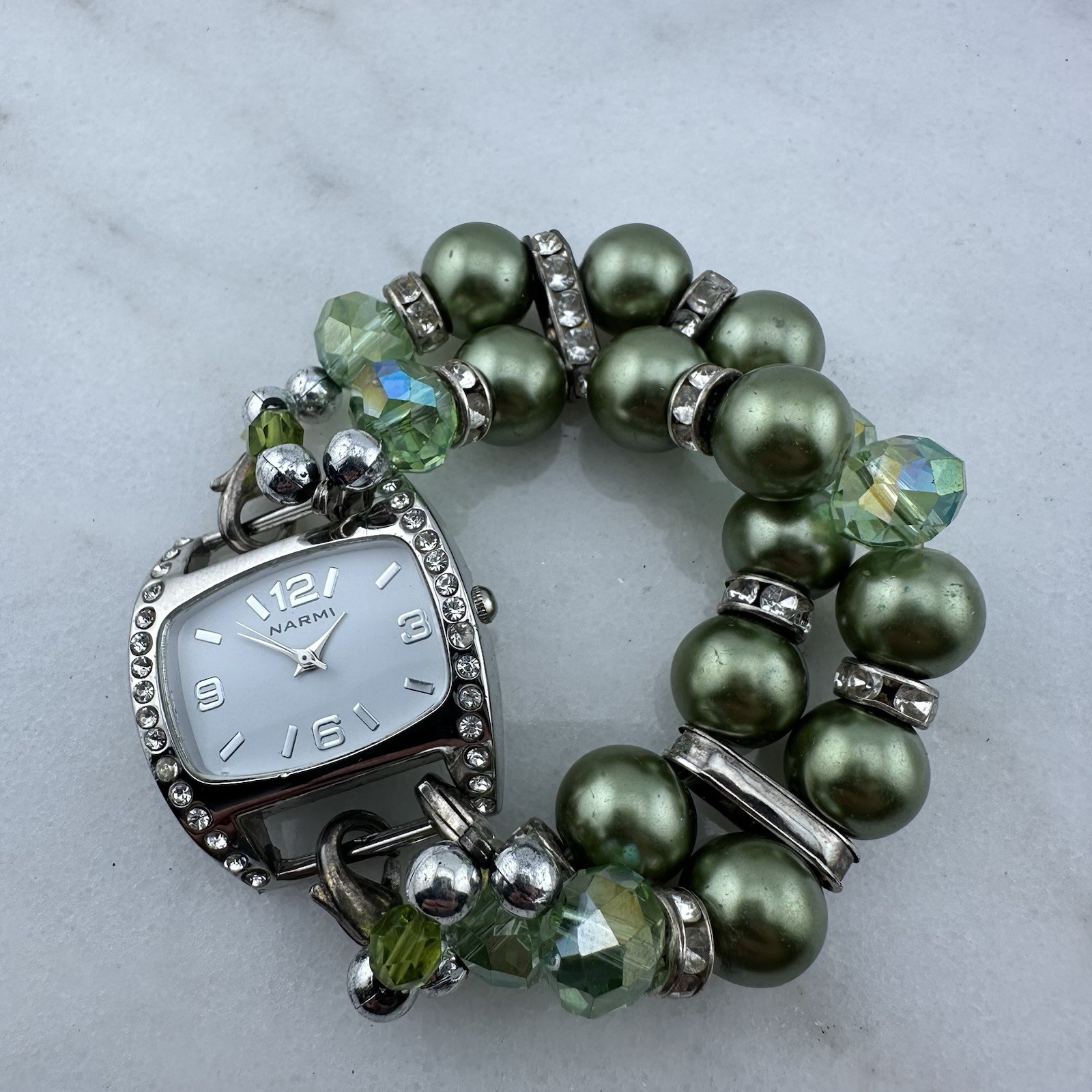 Narmi Chunky Green Crystal Bead Stretch Watch 6.5” Bracelet – Has New Battery