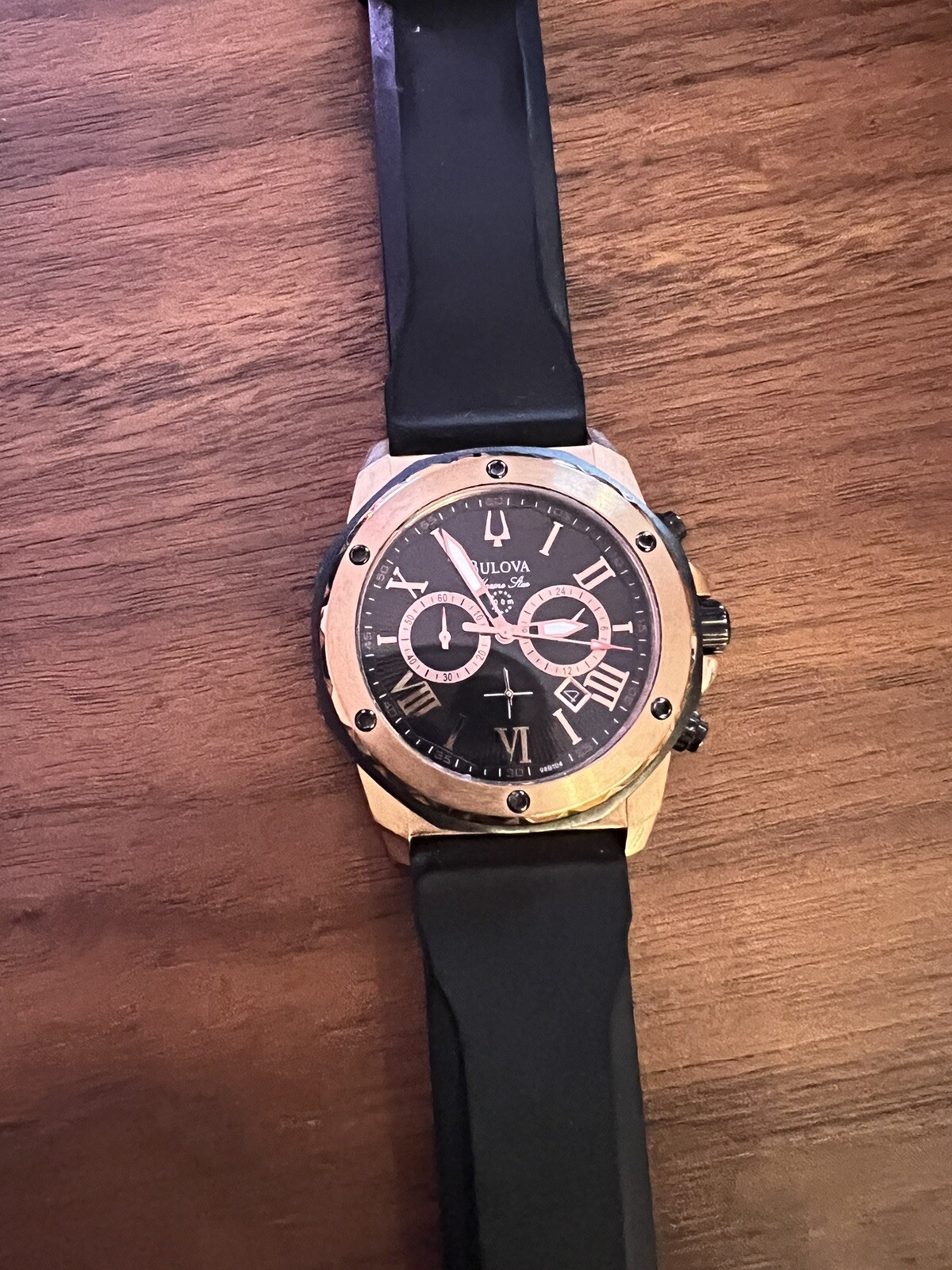 Bulova Marine Star 98B104 44mm Rose Gold Stainless Steel Case with Black Rubber