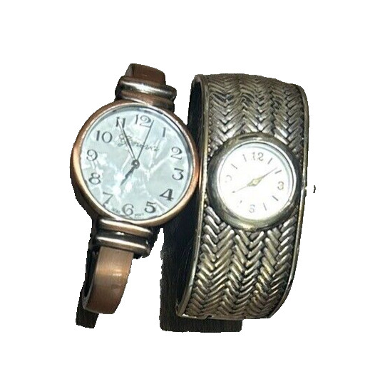 Lot of 2 Geneva Metal Band Dial Womens Bangle Cuff Watch Bronze & Gold tone