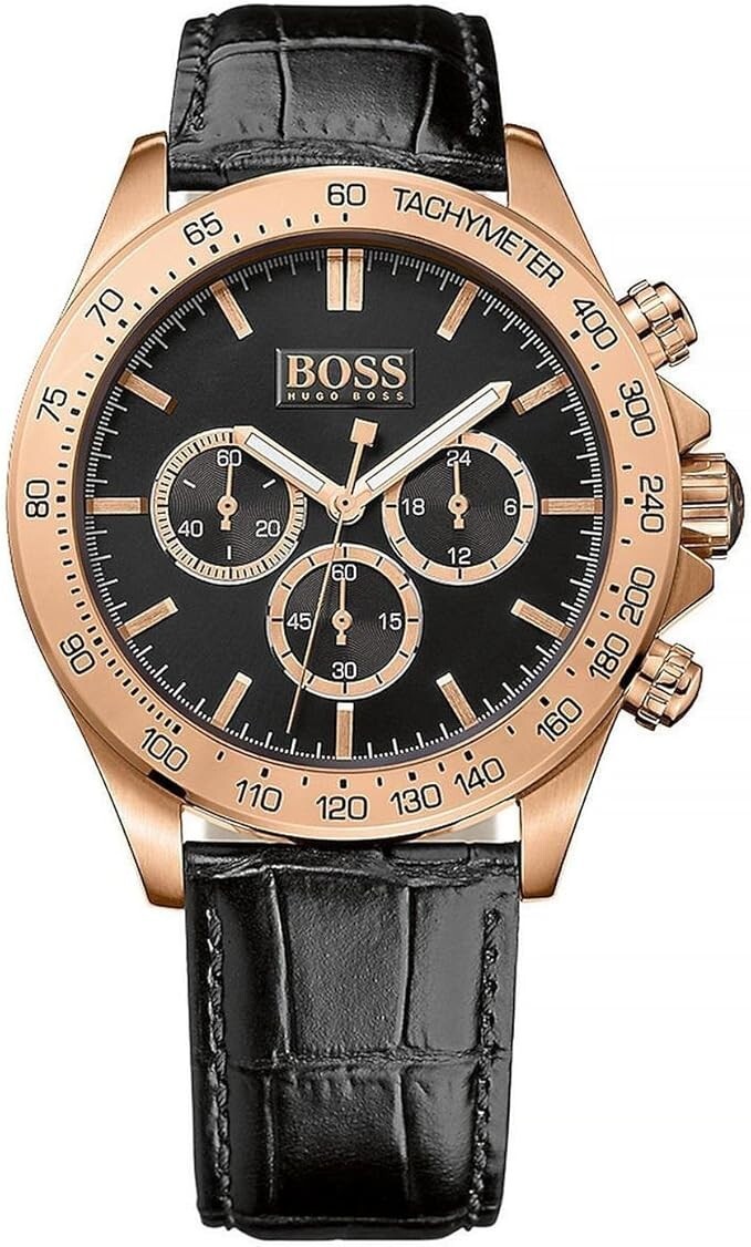 HUGO BOSS Ikon 1513179 Black Leather Band Quartz Analog Men’s Watch 44mm