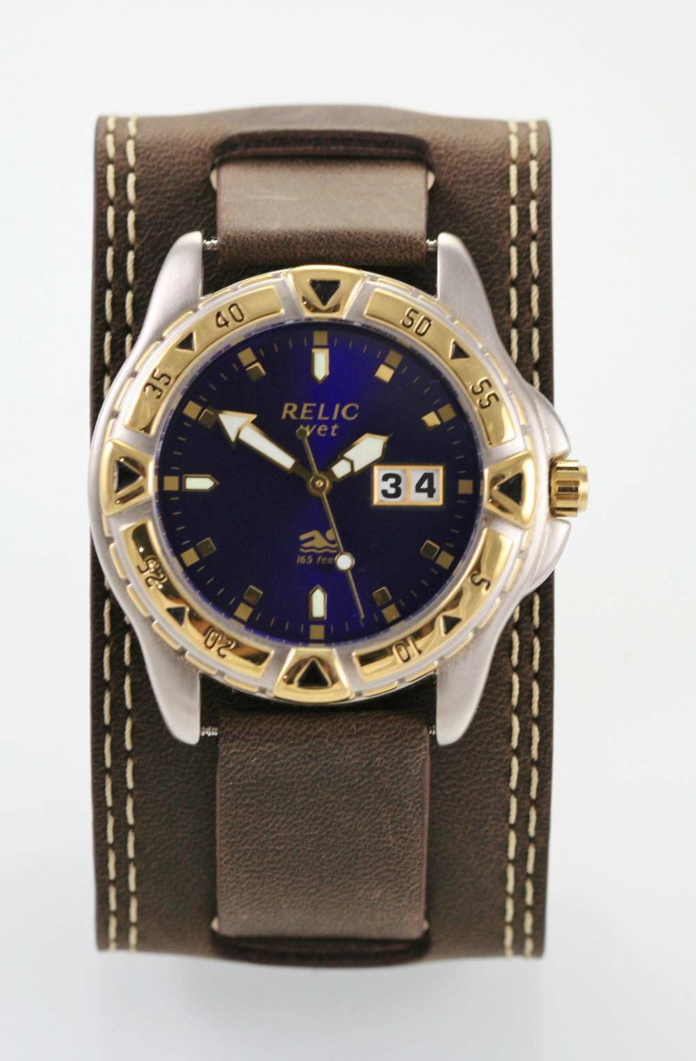 Relic Watch Mens Blue Brown Wide Leather Date 50m Stainless Silver Gold Quartz