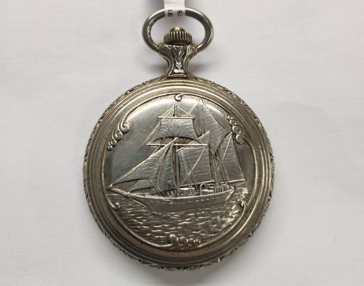 Majesti Quartz Pocket Watch Compass Globe Dial Full Hunter Ship Engraved