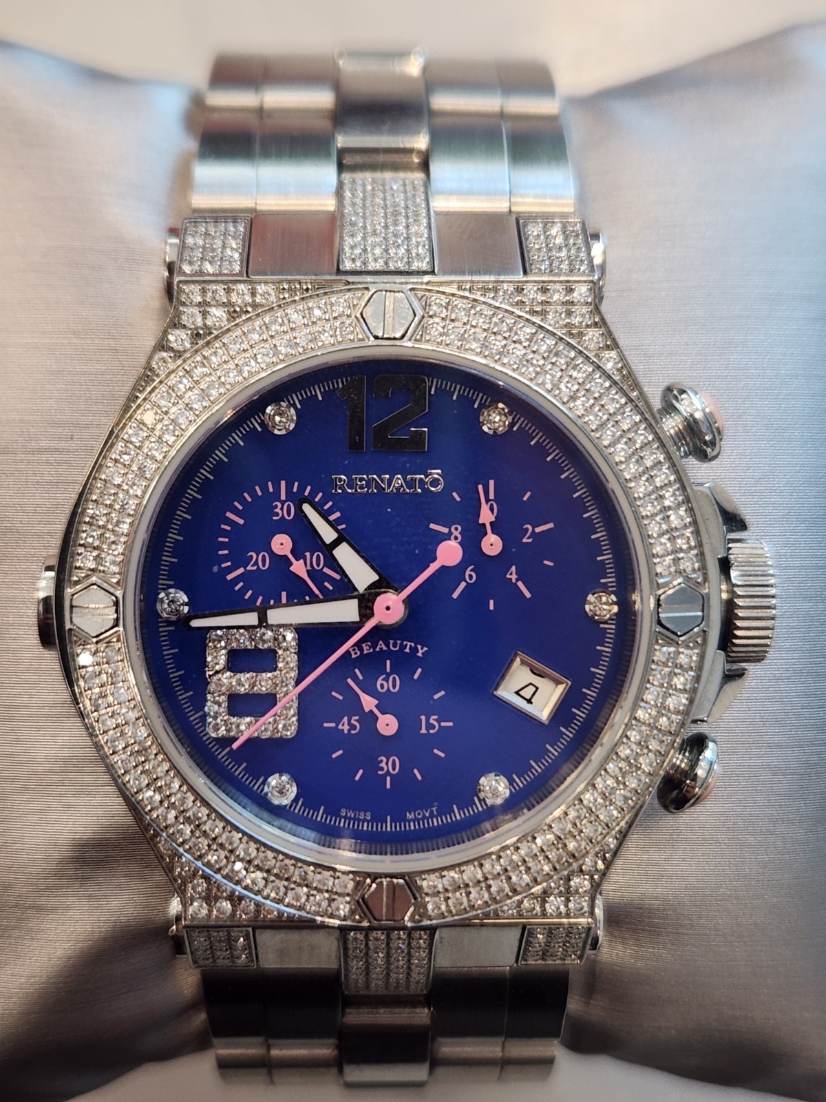 Renato Beauty Swiss ETA G15.211 Diamond Chronograph Blue Dial 2.25 CTW Watch