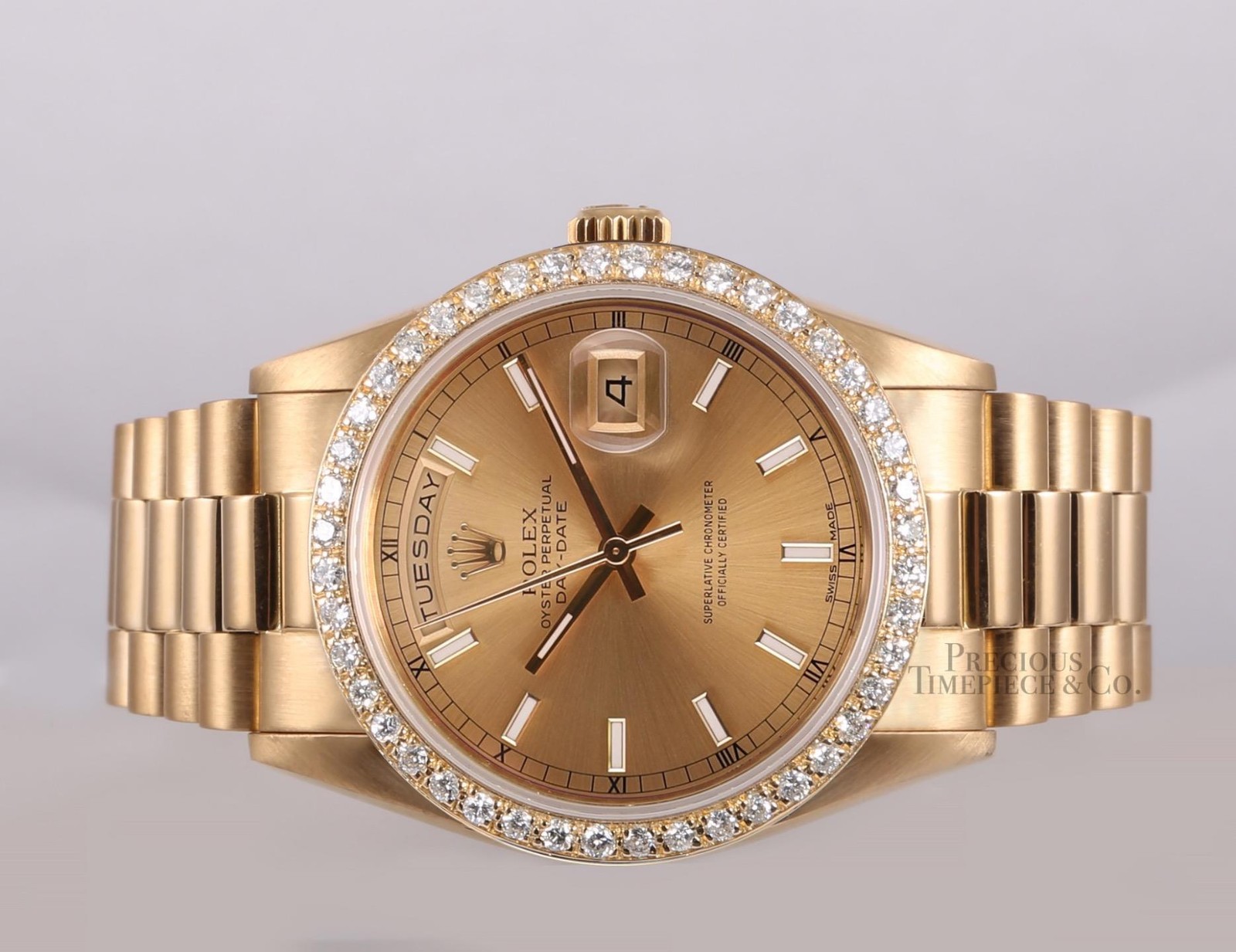 Rolex Day-Date 36mm 18038 18K Yellow Gold Diamond Bezel Champagne Stick Dial