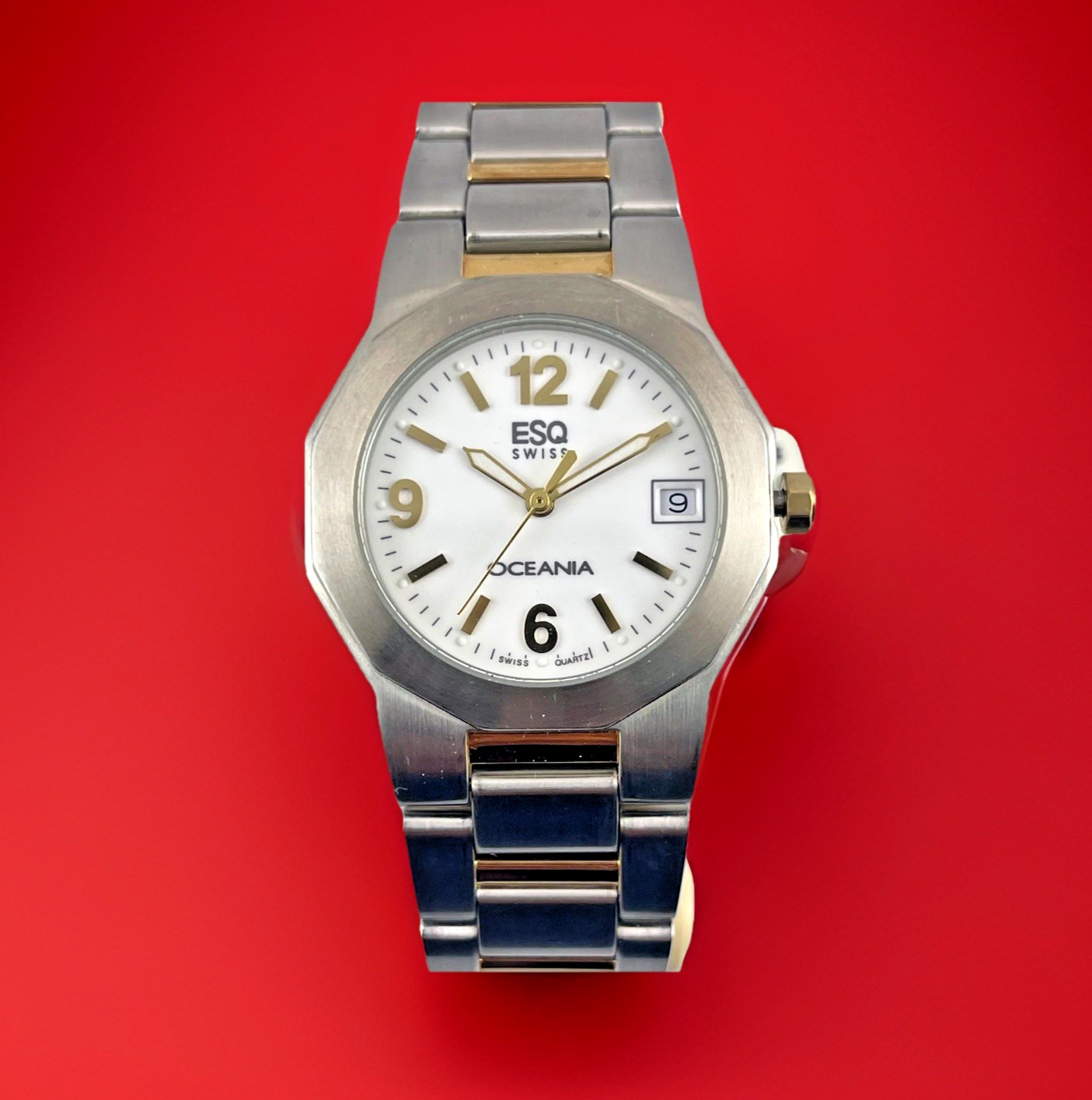 ESQ BY MOVADO OCEANIA SWISS WHITE WITH DATE DAIL TWO-TONE BRACELET MENS WATCH
