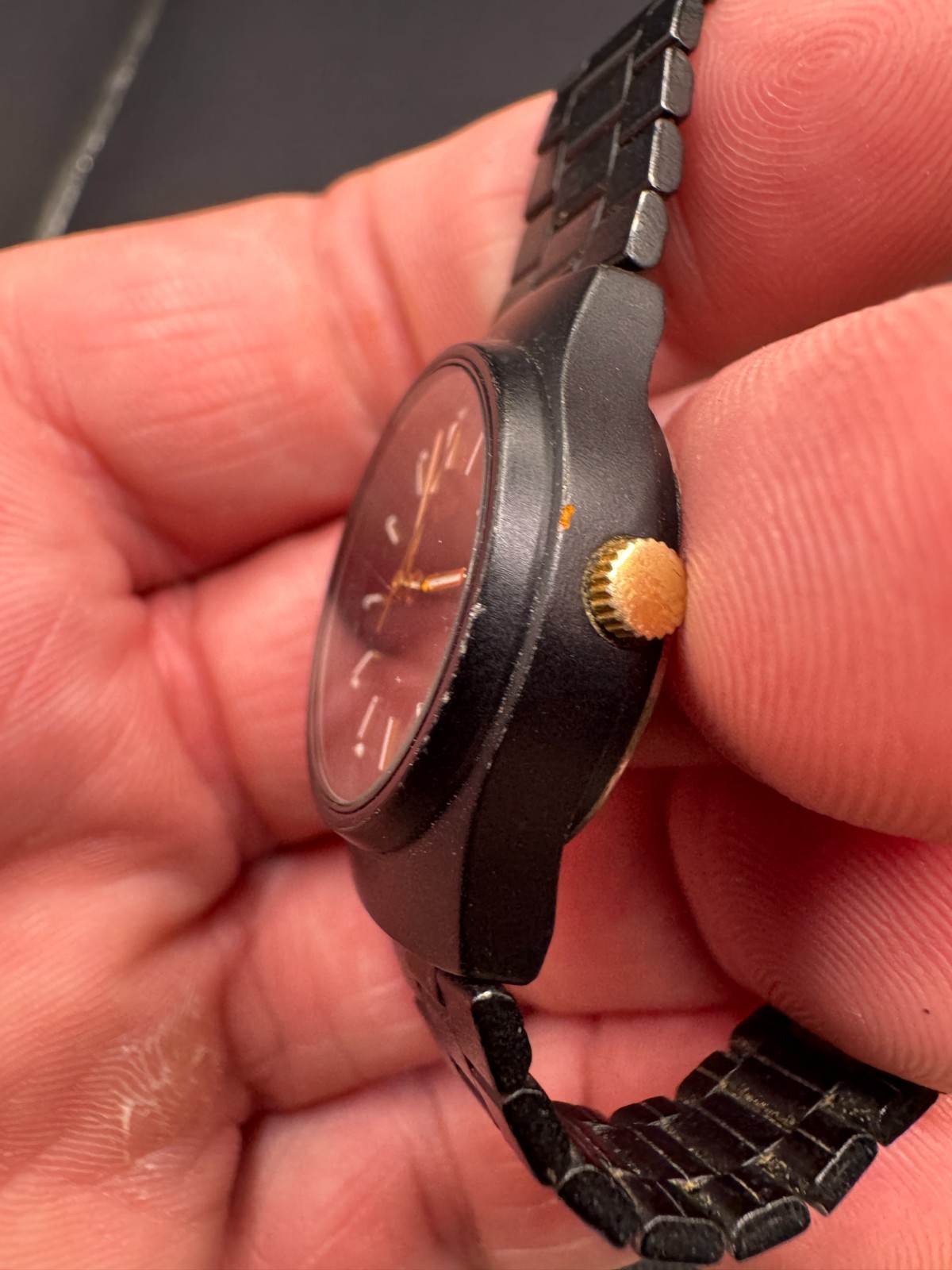 Vtg Pulsar Day Date Watch Black Dial Black Metal Band V248-0030 22.6mm