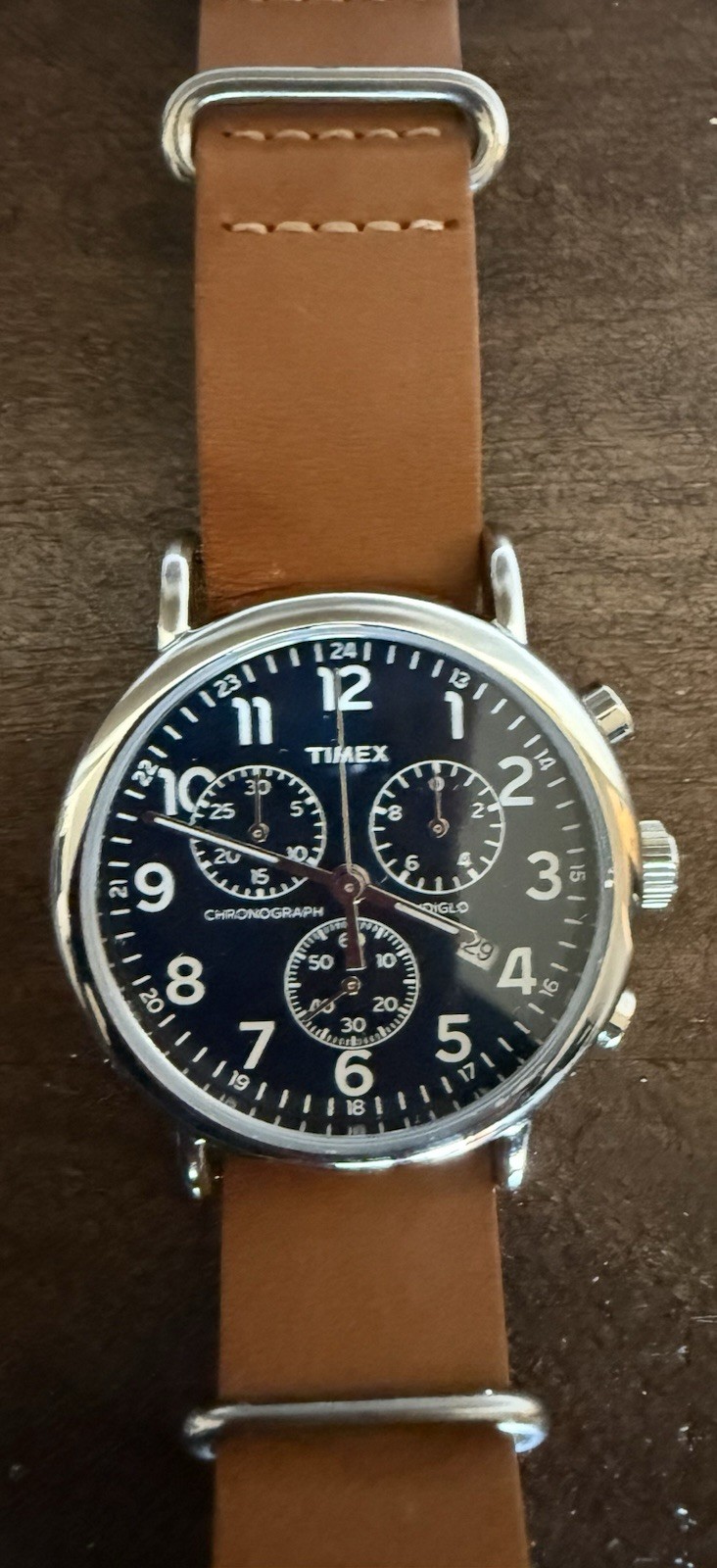 Timex Weekender Chronograph INDIGLO Date Blue Dial Brown Leather 40mm Quartz