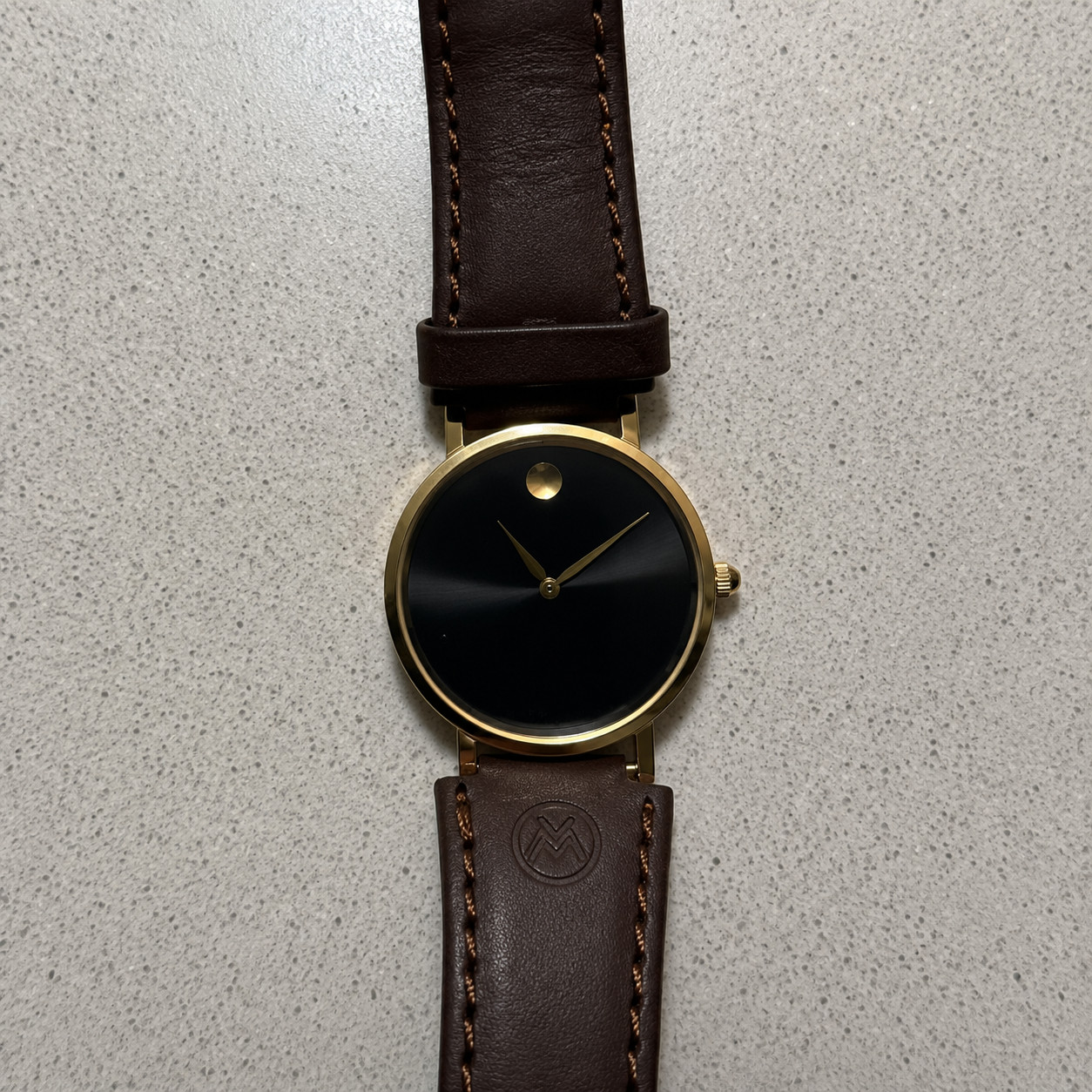 Movado Men Yellow Gold Watch Concave Dot Museum Dial – Brown Strap (0607591)