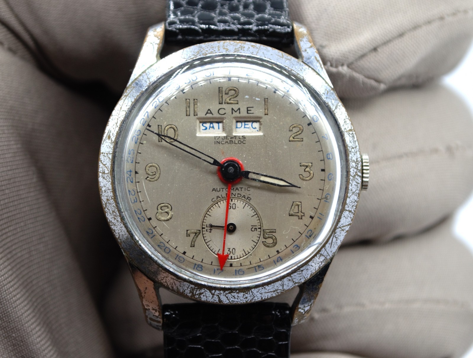 Vintage ACME Triple Date Calendar Automatic Bumper Watch 33mm 1940’s – 1950’s