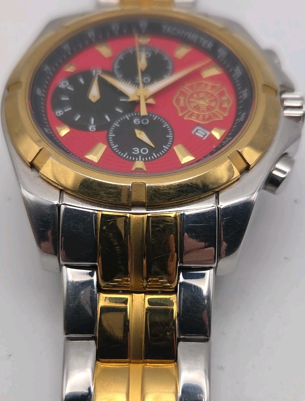 Bradford Exchange My Firefighter 43mm Red Gold Silver Date SS Japan Quartz Watch