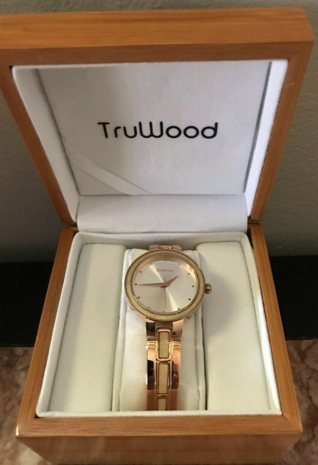 TruWood Venus Rose Gold SS Light Maple Wood Rose Gold Watch New (Dead Battery)