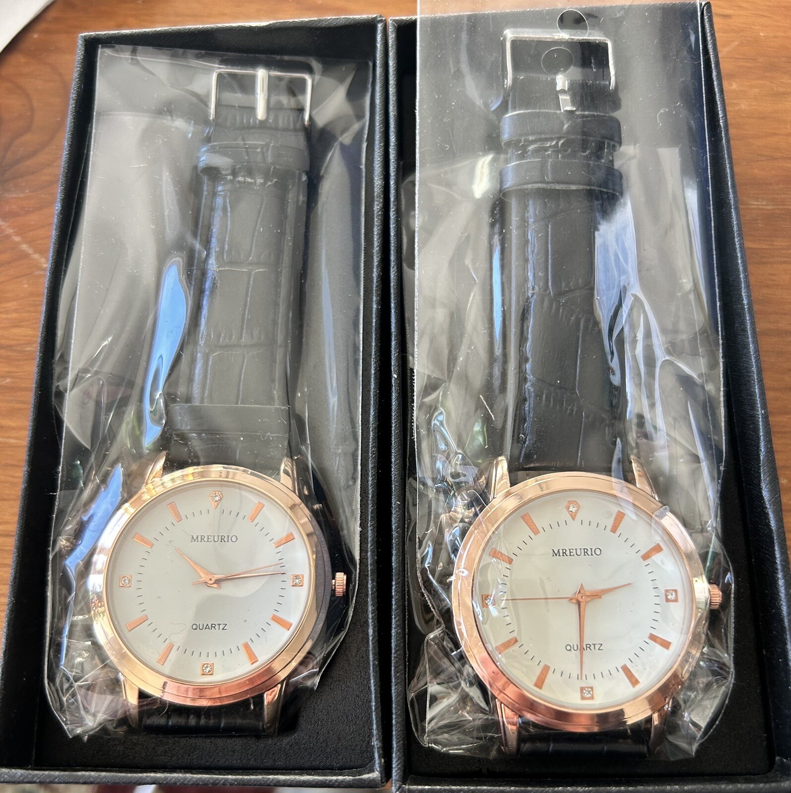 MREURIO MENS WATCH Black Faux Leather Strap Rose Gold BOGO, New, Set Of 2