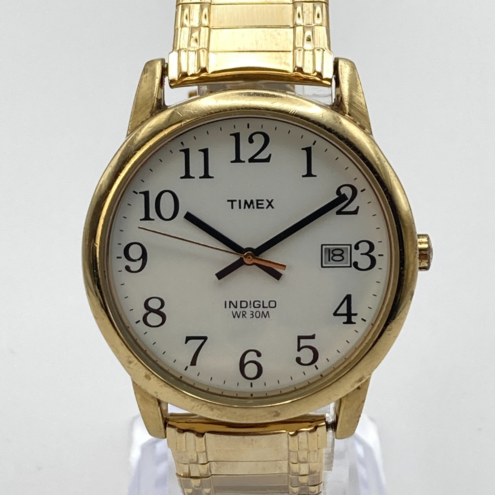 Timex Easy Reader Mens Watch 35mm Gold Tone Indiglo Date Stretch 30M New Battery