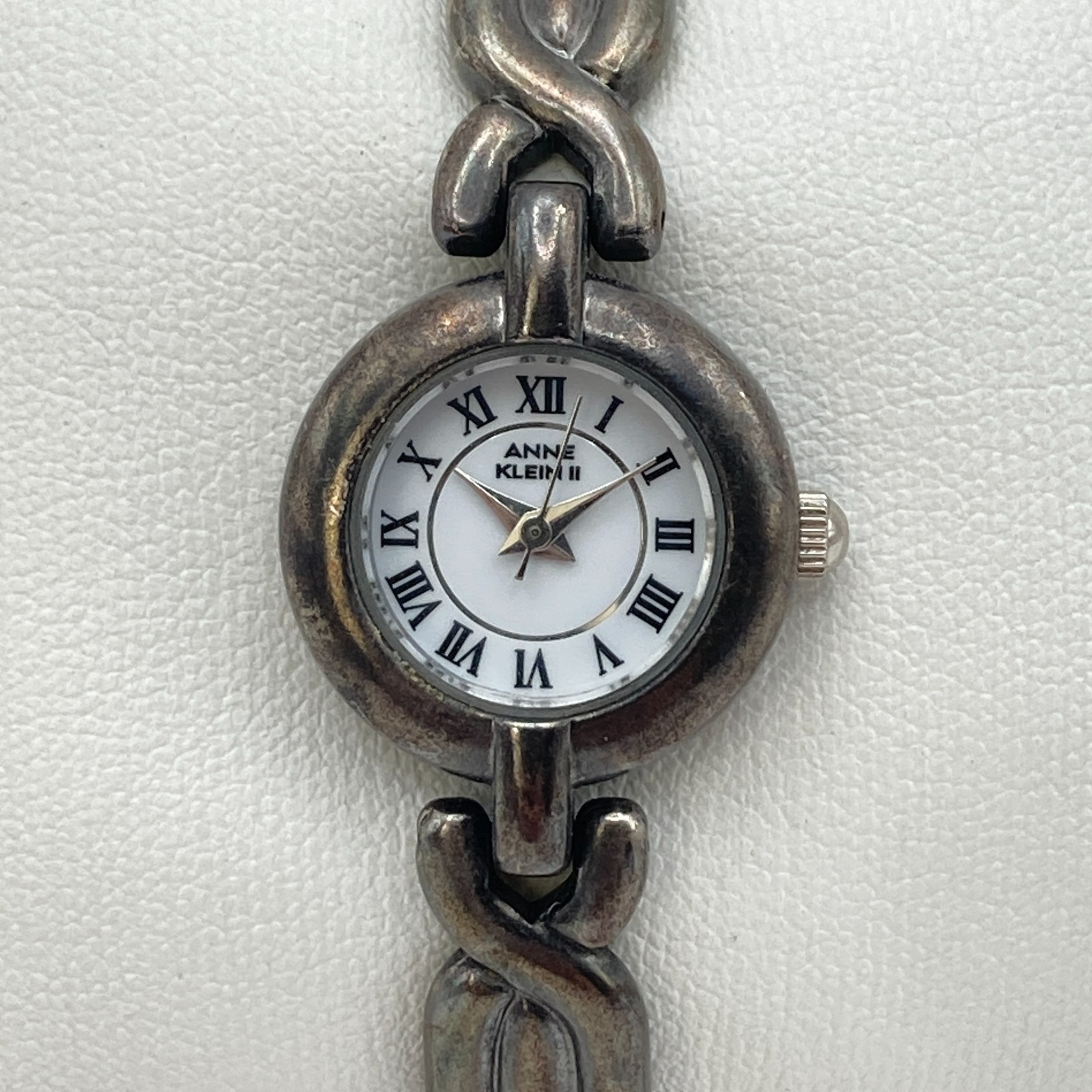 Vintage Anne Klein II Womens Watch 20mm Silver Tone Pewter Look New Battery 6.5″