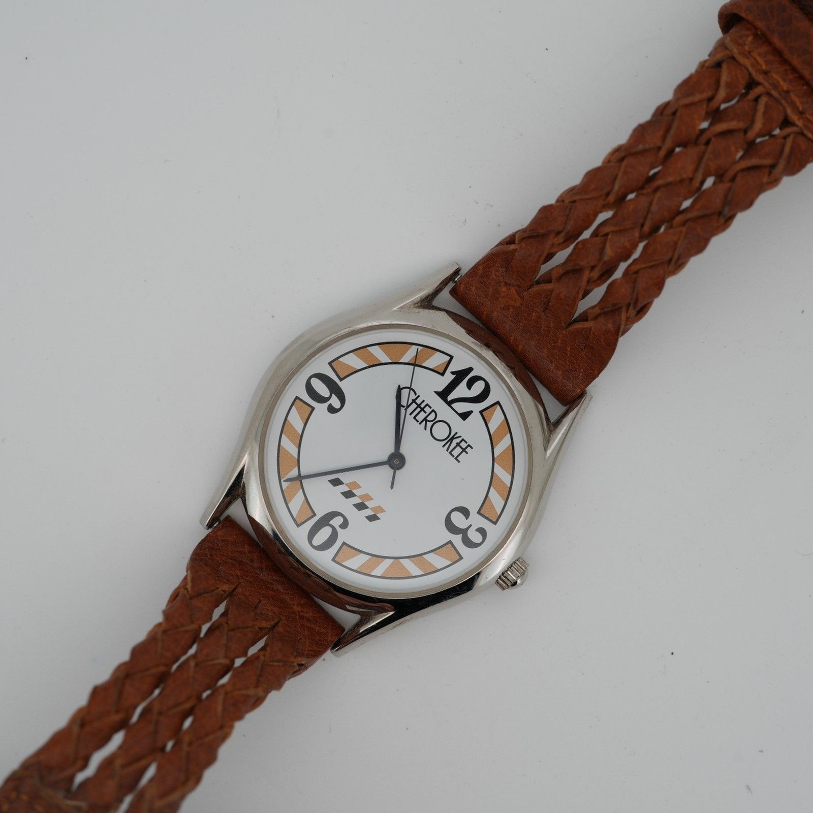 Cherokee Quartz Watch 33mm White Dial Brown Leather Strap Japan Movement