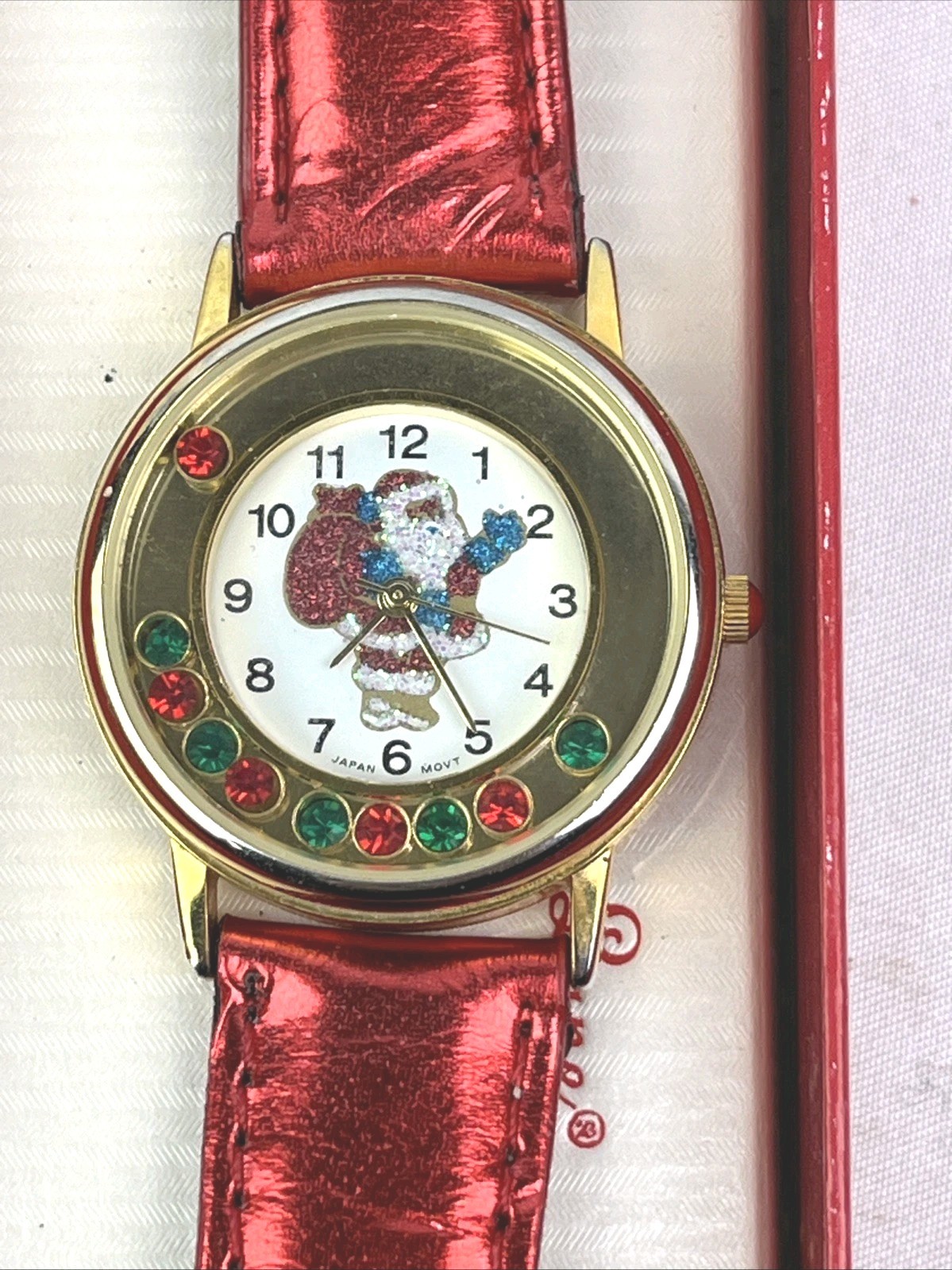 Holiday Lane Santa Claus Watch Floating Rhinestones Metallic Red Band New Batt